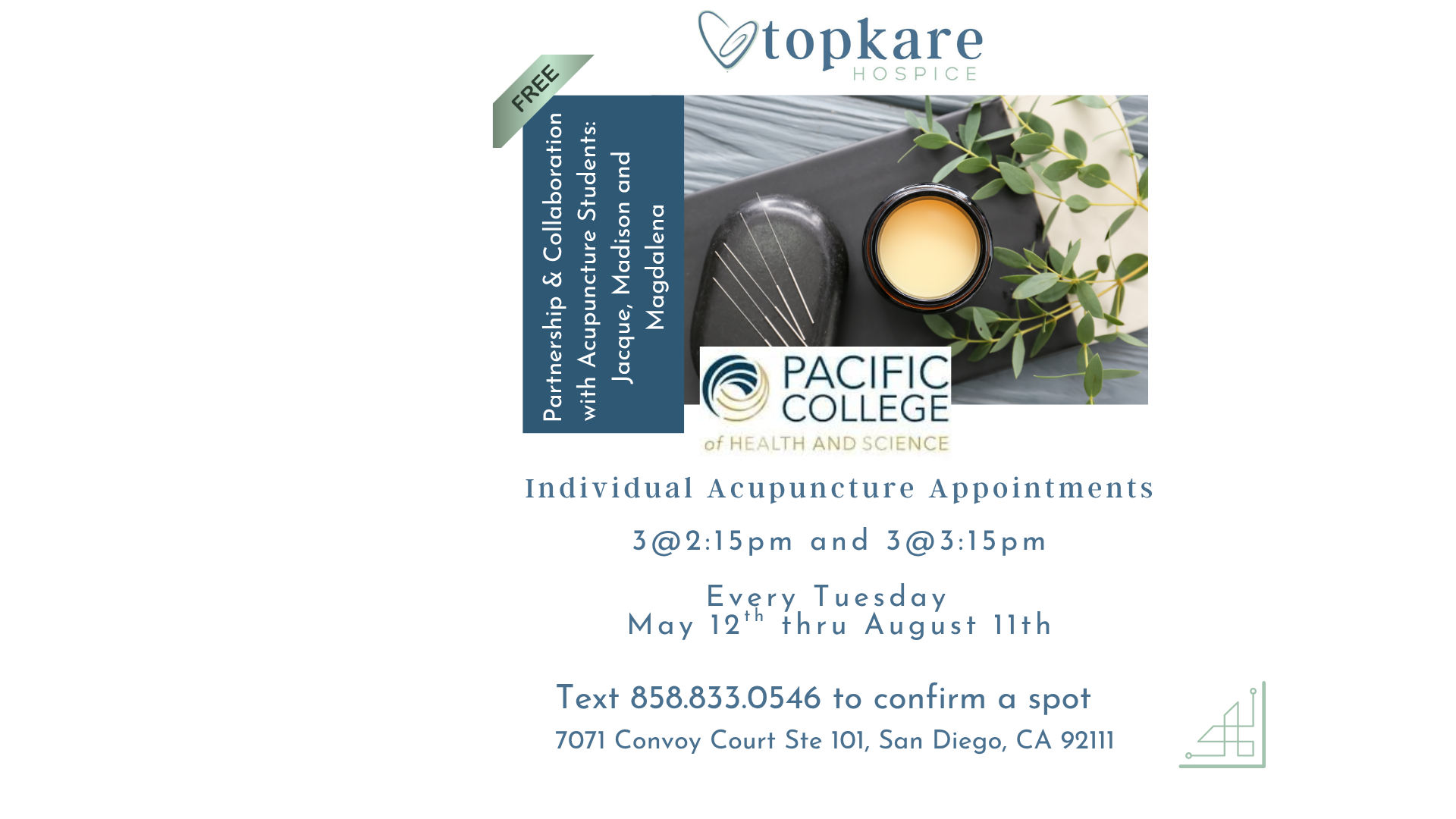 Free Individual Acupuncture *Every Tuesday 3@2:15pm, 3@3:15pm 