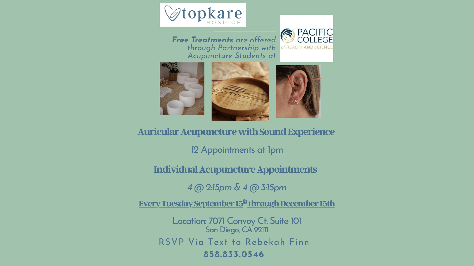 Every Tuesday Free Auricular Acupuncture with Sound-12 @1pm &amp; Individual Acupuncture Appointments-4@2:15pm, 4@3:15pm