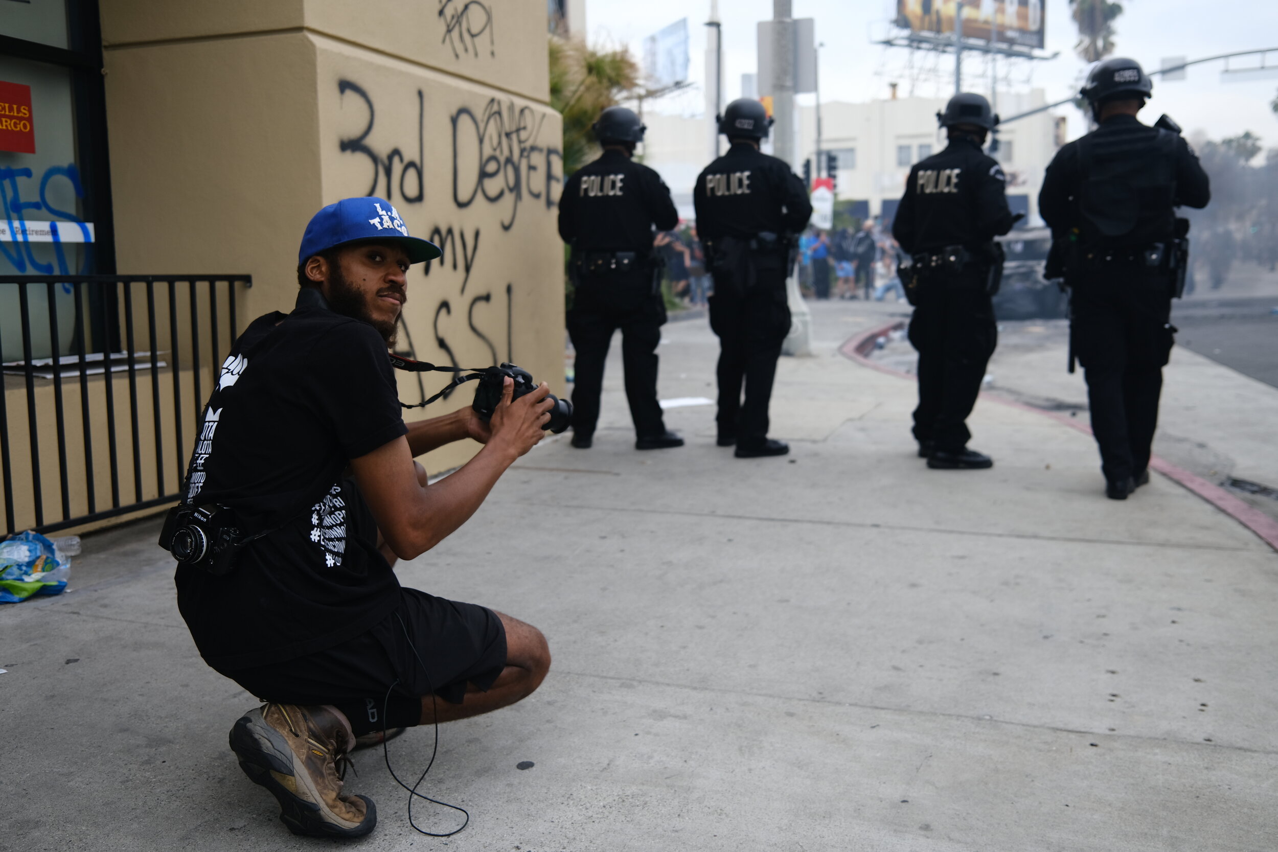 Lexis-Olivier Ray reports at a Black Lives Matter protest on May 30, 2020 in Los Angeles, CA. (Brian Feinzimer / Courtesy of Lexis-Olivier Ray)