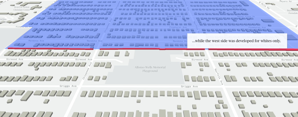 Map with 3D model of Detroit’s Birwood Wall, with the whites-only neighborhood developed to the west marked in blue. (Courtesy of NBC News)