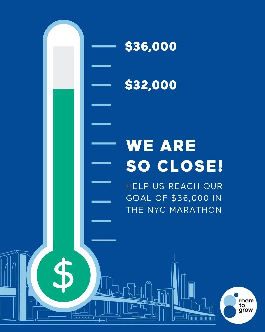 We&rsquo;re so close! 🏁 Team Room to Grow has already raised $32,000 toward our $36,000 goal &mdash; and tomorrow, they&rsquo;ll take on 26.2 miles to help ensure children have the strong start they deserve. 💙

There&rsquo;s still time to help them