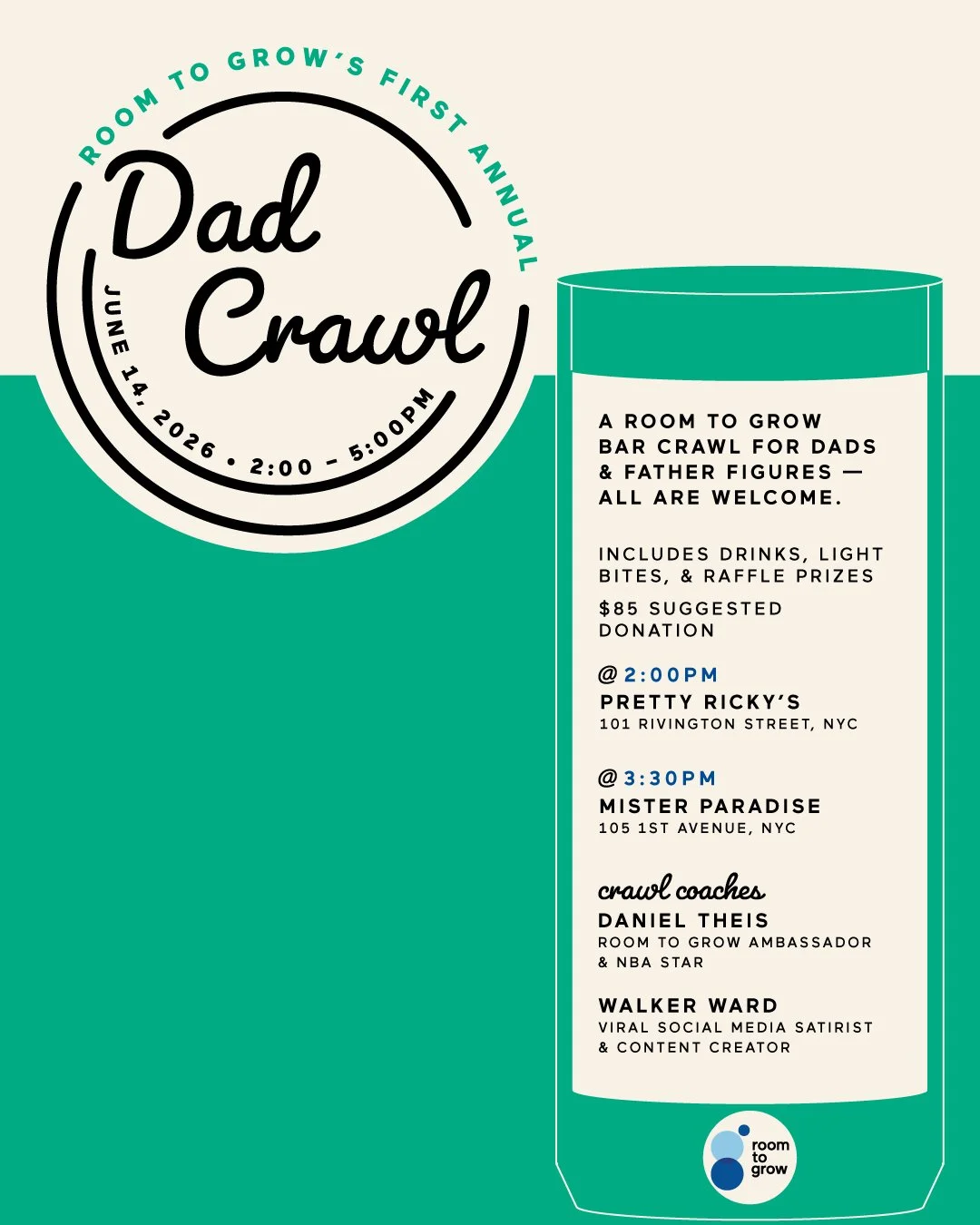 You have to crawl before you can walk &mdash; so this Father&rsquo;s Day, we&rsquo;re starting with a Dad Crawl 👟

Join Room to Grow for our first-ever Dad Crawl through in New York City on Sunday, June 14, to celebrate dads, father figures, and the