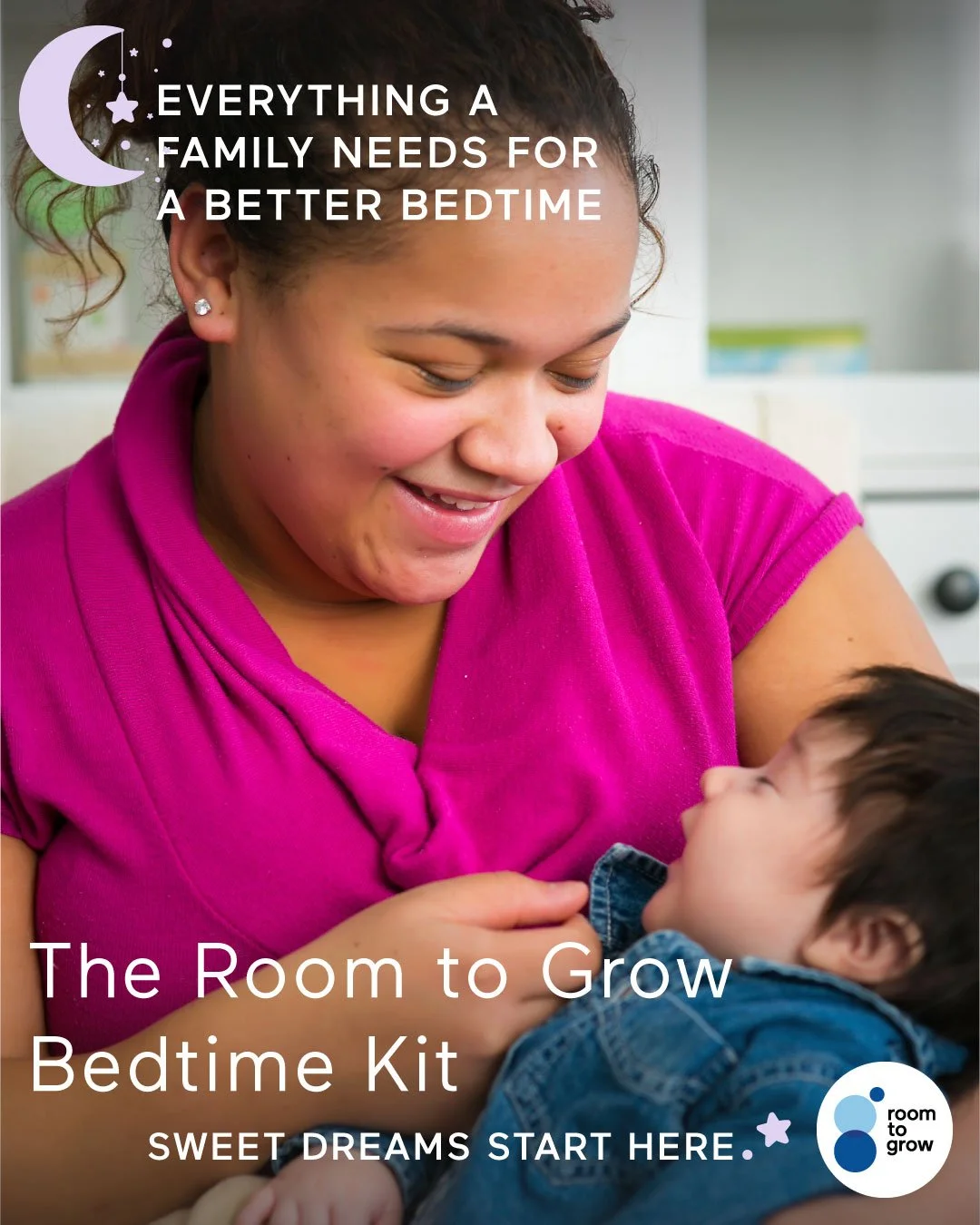 Every item in a Room to Grow Bedtime Kit has a purpose. 🌙 Swipe to see what's inside.

Bath time. Pajamas. A board book. A sleep sack. Four things that help a family build a calming, consistent end to the day.

$40 funds bath essentials, $25 funds p