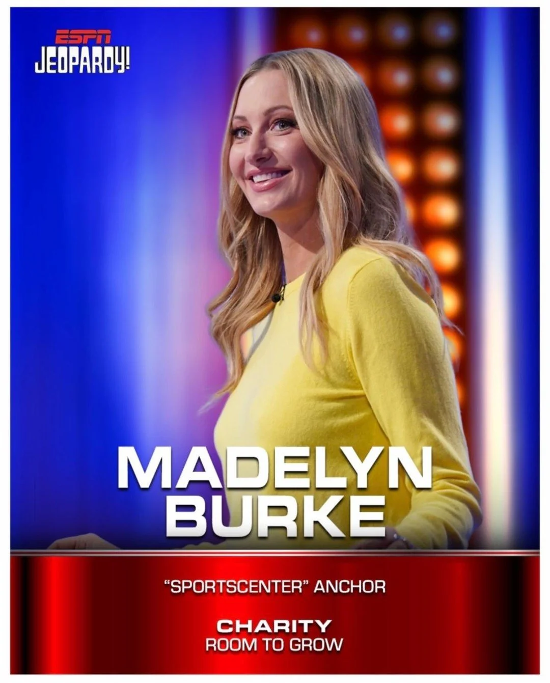We&rsquo;re going to be on Jeopardy! Room to Grow ambassador and ESPN SportsCenter anchor Madelyn Burke is taking the Jeopardy! stage and competing on behalf of Room to Grow 💙 Tune in Friday, July 31, for episodes of #ESPNJeopardy, hosted by Joe Buc