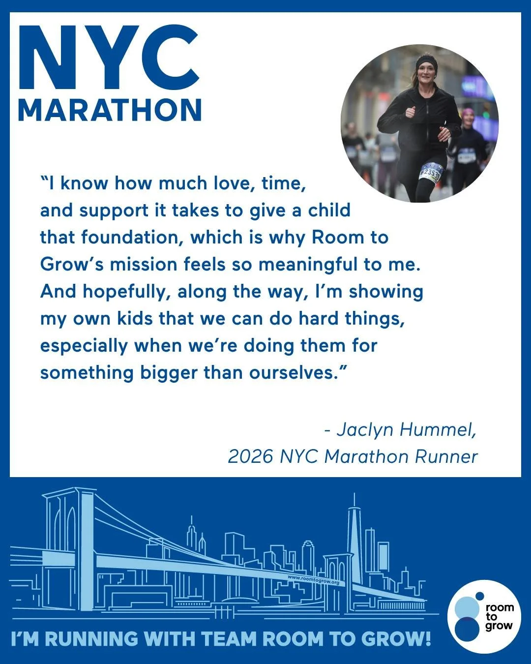 What keeps you going when 26.2 miles is ahead of you?

For our Team Room to Grow runners, it&rsquo;s the mission and families they&rsquo;re running for. 🩵 Get to know their &ldquo;why&rdquo; and follow along as they take on the NYC Marathon this Nov