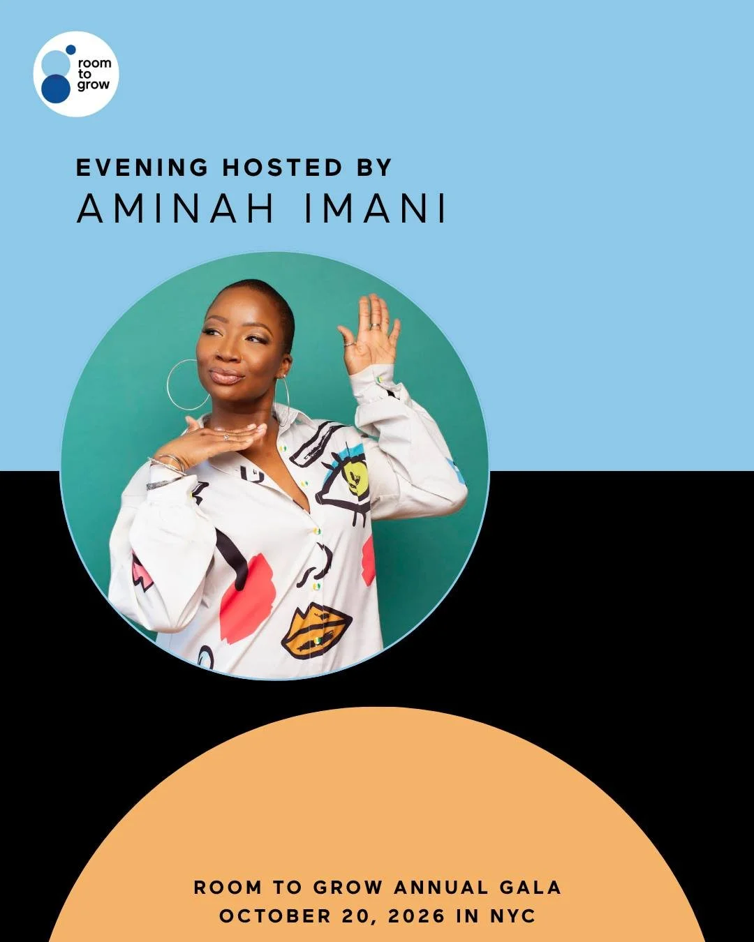 Meet our emcee for next Tuesday&rsquo;s gala: Aminah Imani! Aminah is a stand-up comedian, host, actress, a Room to Grow ambassador, and a graduate of our program 💫 You may have seen on Inside Amy Schumer, Flatbush Misdemeanors, Comedy Central, and 