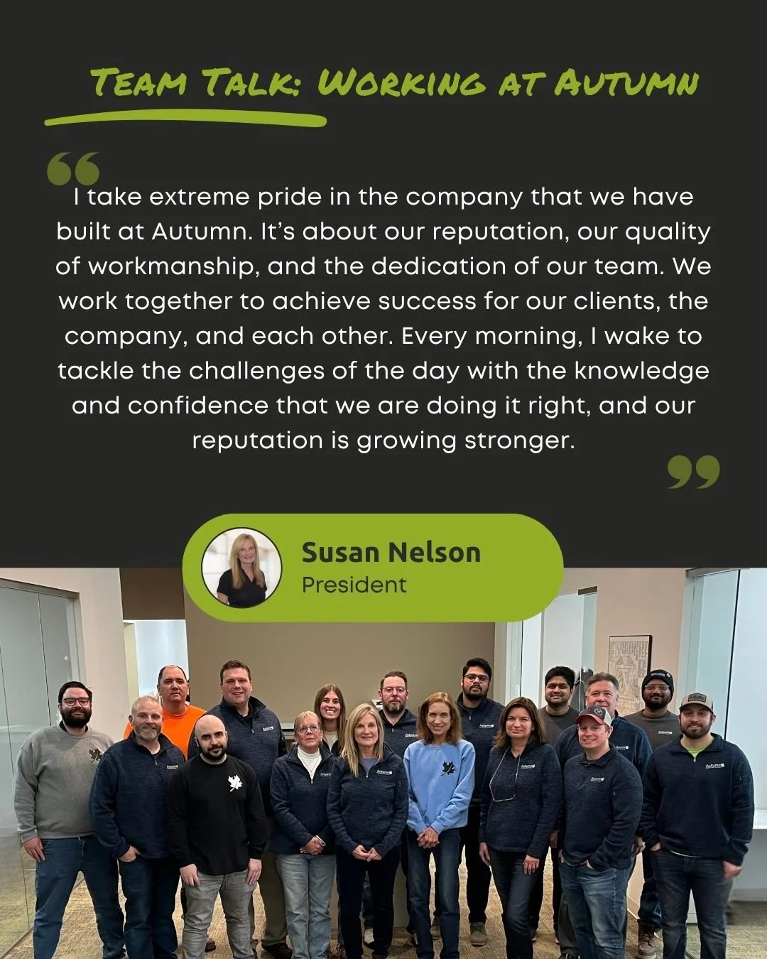 Inside life at Autumn Construction Services 🚧 Hear what Susan has to say about what drives her and her team.
"I take extreme pride in the company that we have built at Autumn. It’s about our reputation, our quality of workmanship, and th