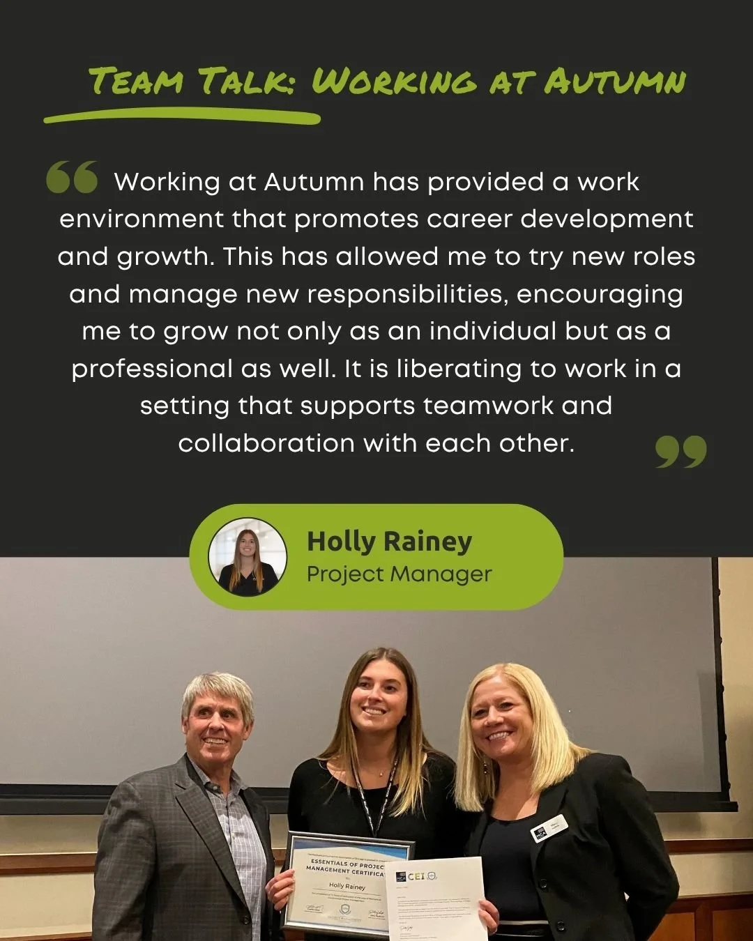 Inside life at Autumn Construction Services 🚧 Hear what Holly has to say about her career growth at Autumn.
"Working at Autumn has provided a work environment that promotes career development and growth. This has allowed me to try new roles an