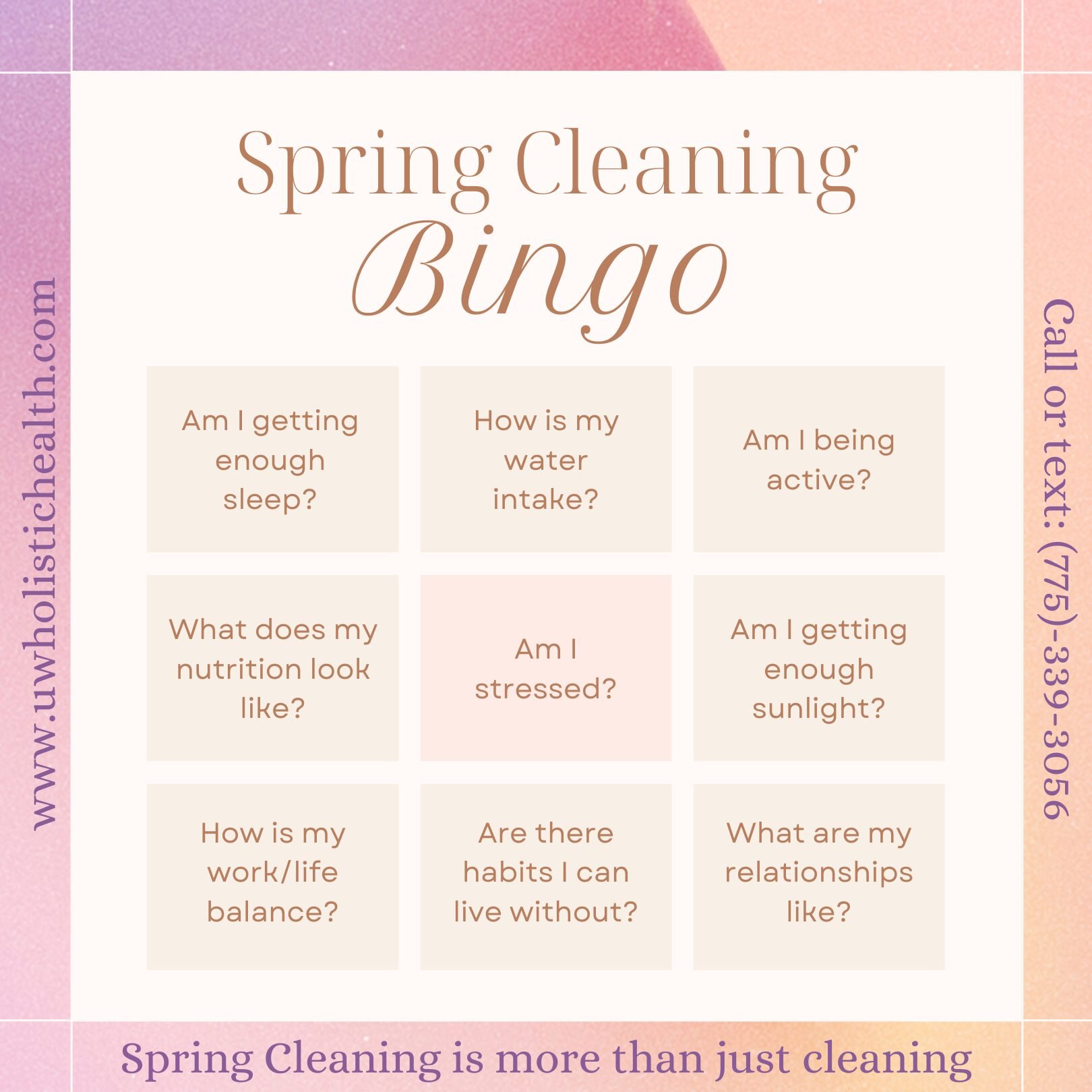 Spring cleaning is more than just cleaning. And now that spring has sprung, what can you do to clean up your well being? #springhassprung #springcleaning #mentalhealthmatters #holistichealth 

Call or text us today to discuss how you can improve your