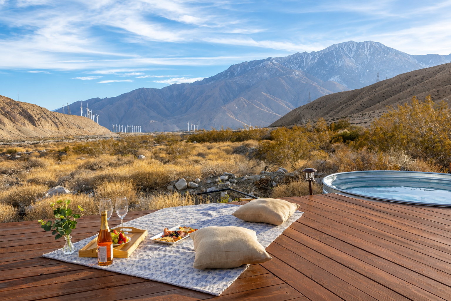 Cowboy tub and picnic setup on the deck facing snow-capped San Gorgonio