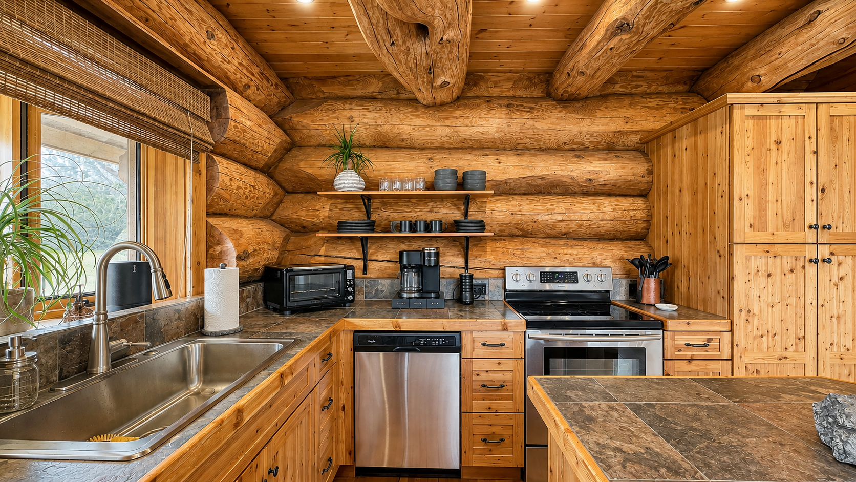 Cabin kitchen with open shelving, coffee maker and toaster oven
