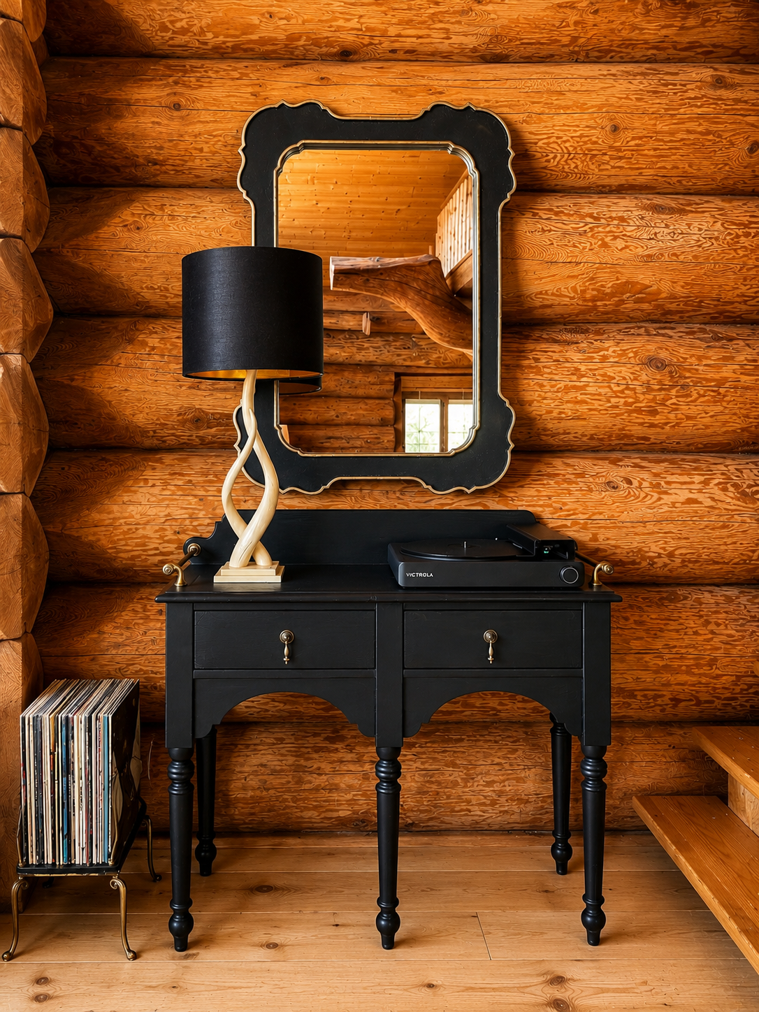 Record player and vinyl collection on a black console against log walls