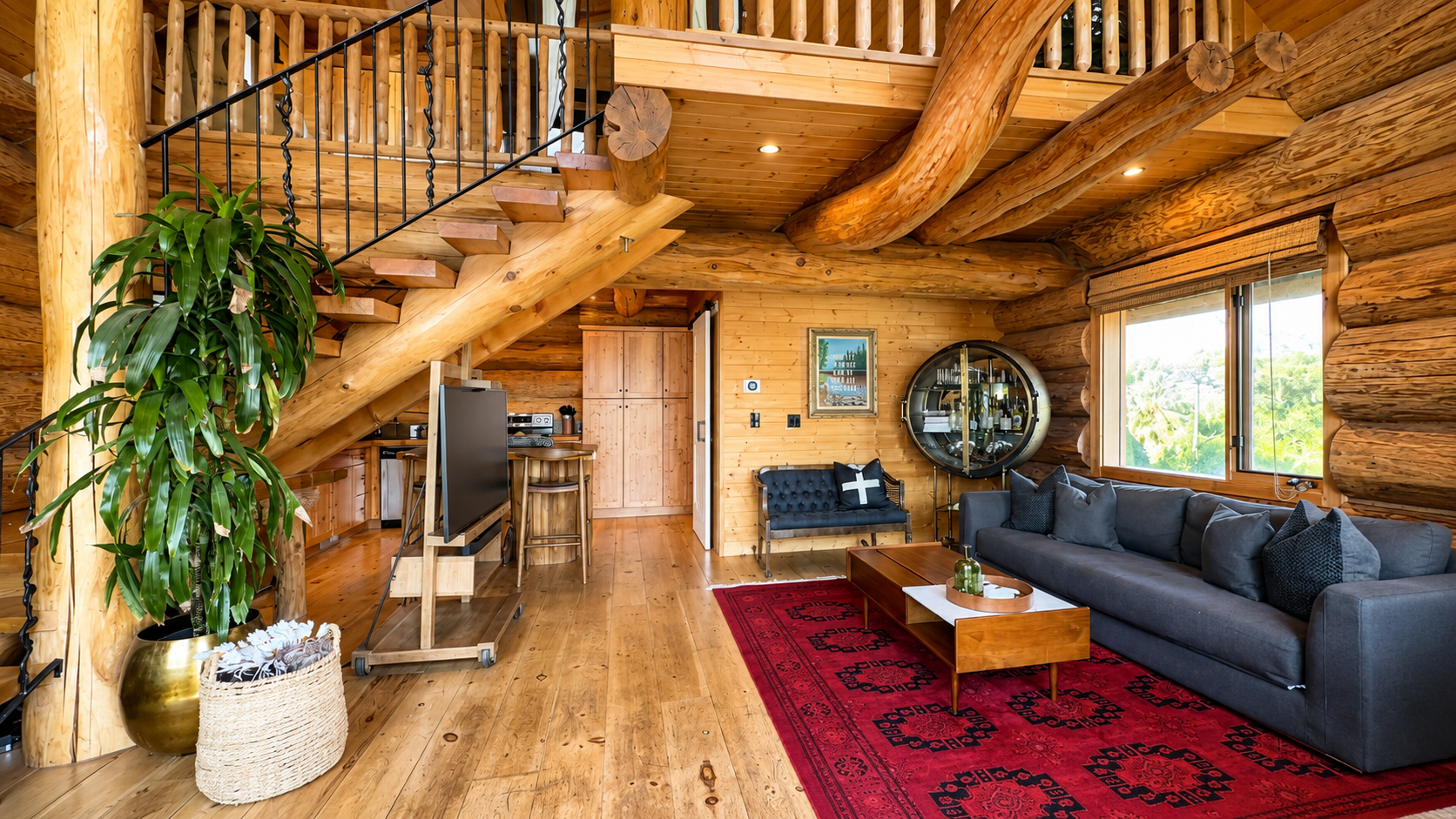 Open plan log cabin interior with a staircase up to the A-frame loft