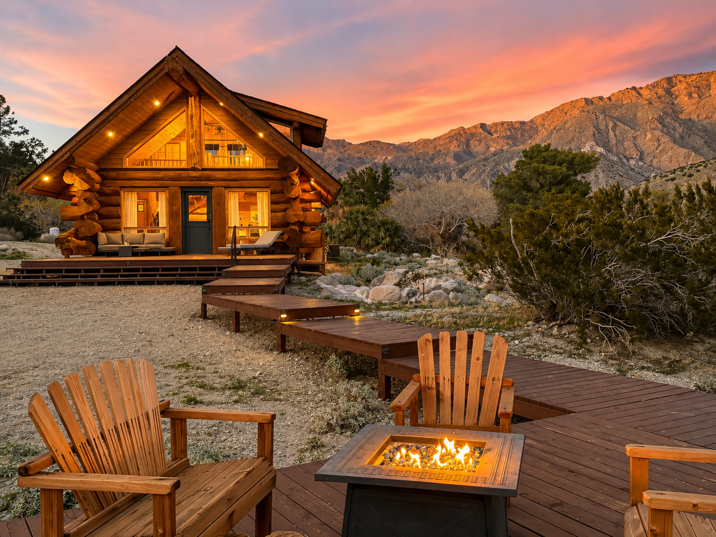 A-frame log cabin at sunset with a gas fire pit and the mountain range behind