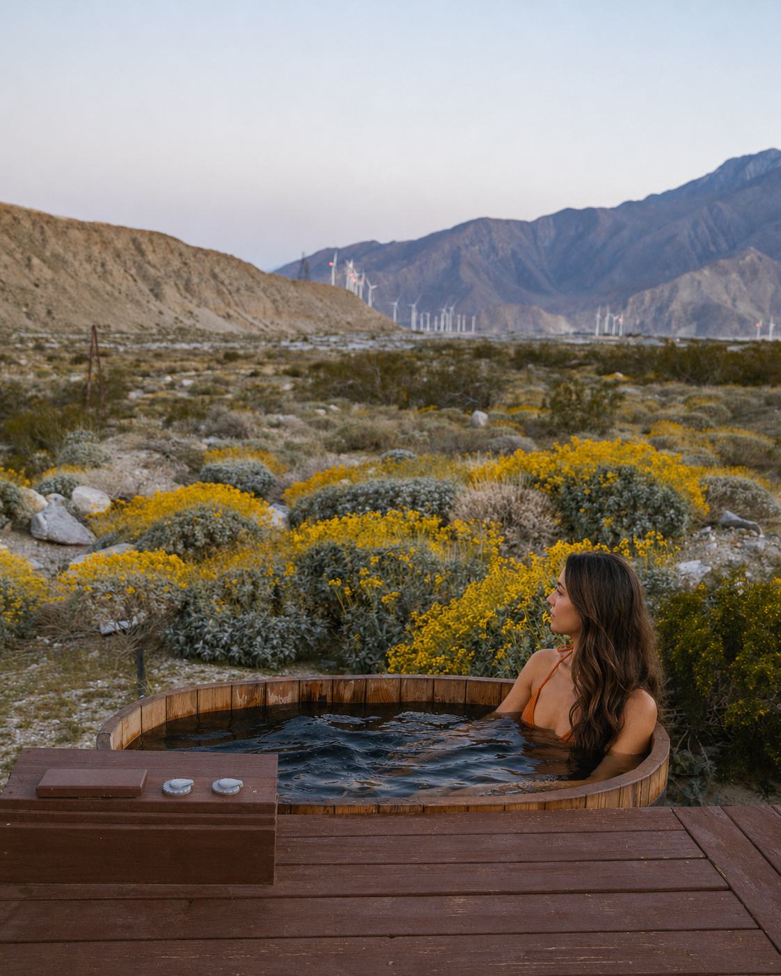 Cedar hot tub facing the San Gorgonio Pass with spring wildflowers in bloom