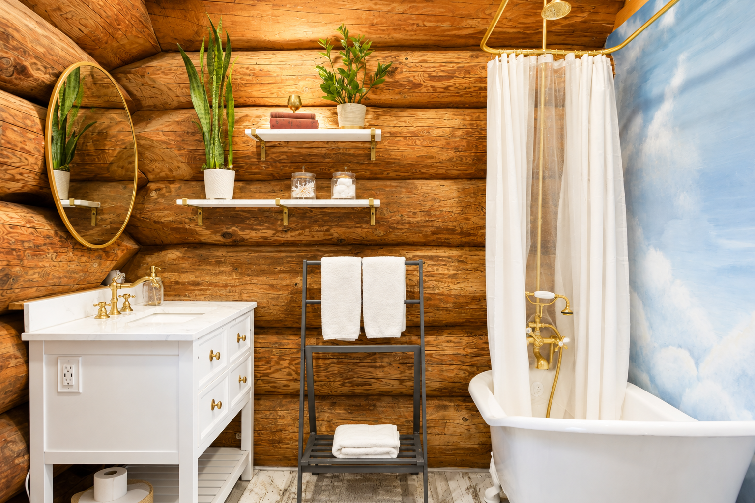 Marble vanity and brass fixtures in the cabin bathroom