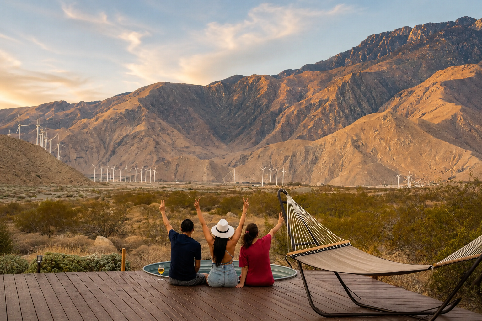 Guests at the cowboy tub looking out over Whitewater Canyon