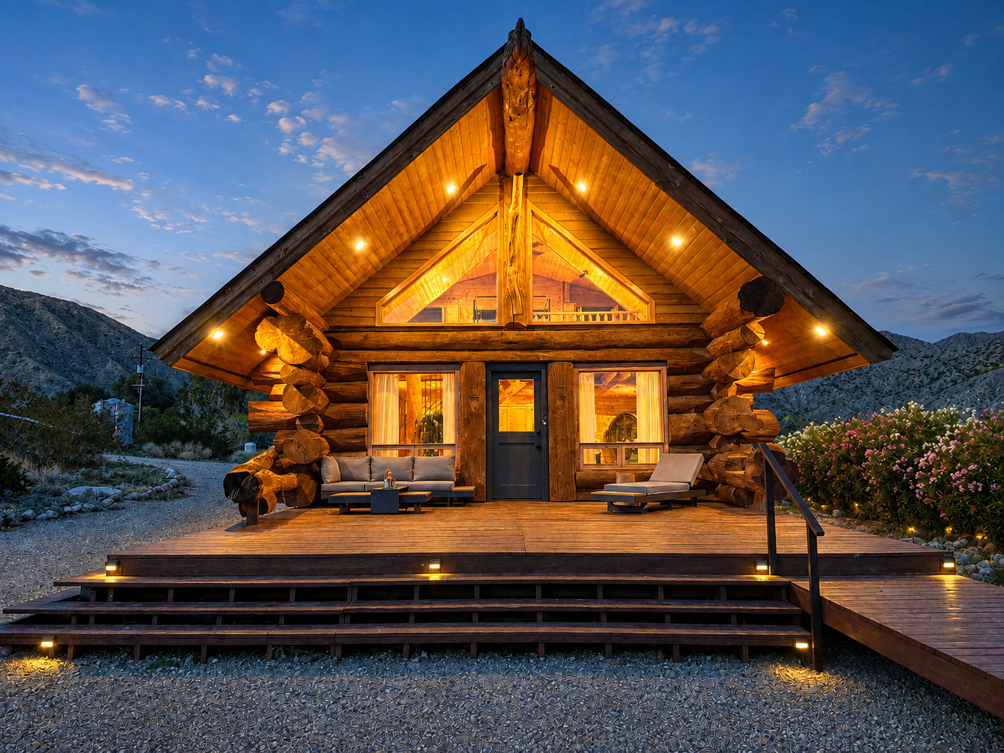The only A-frame log cabin in the California desert, at twilight 