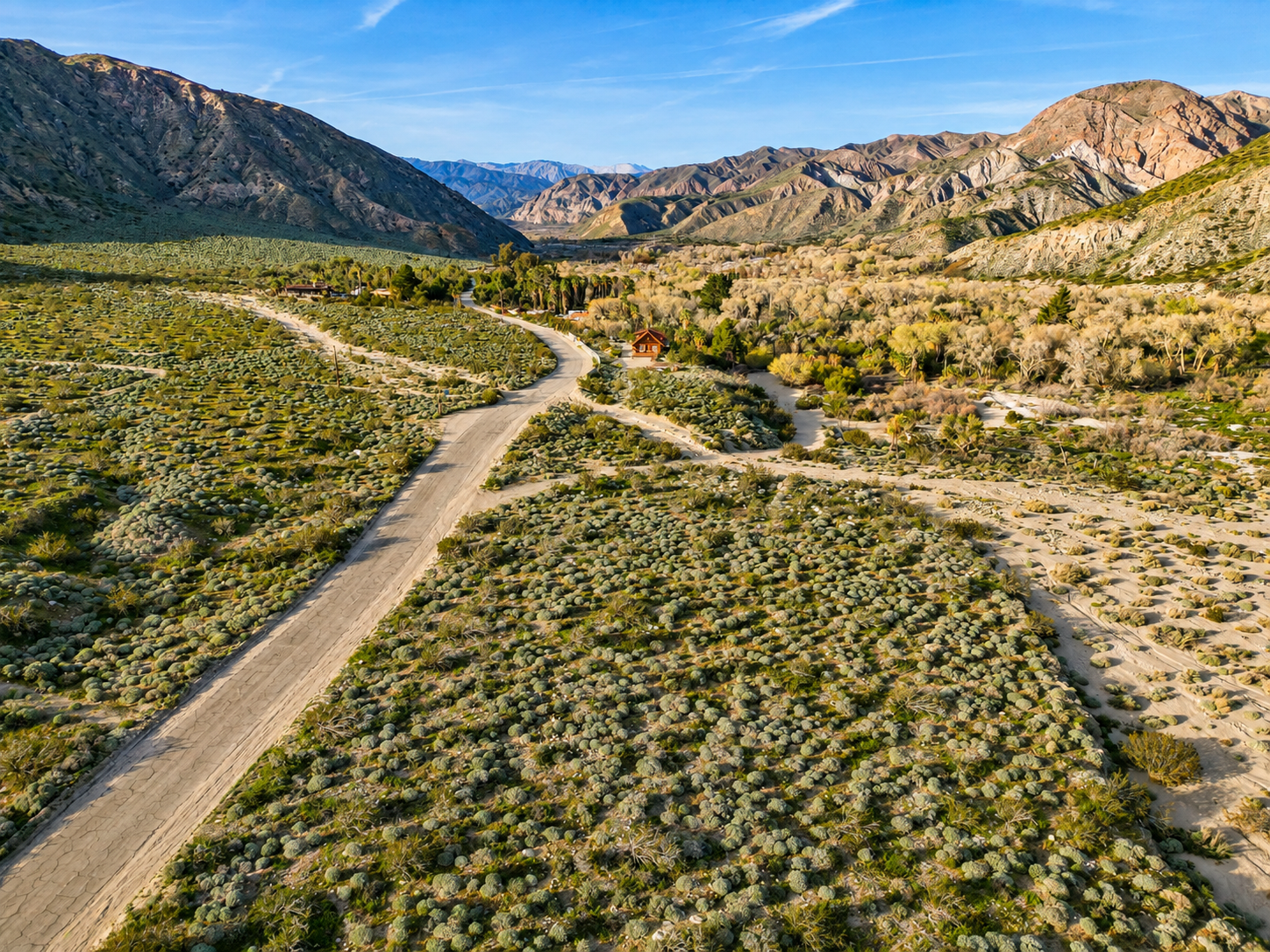 Aerial view of the cabin on five acres bordered by BLM land in Whitewater Canyon