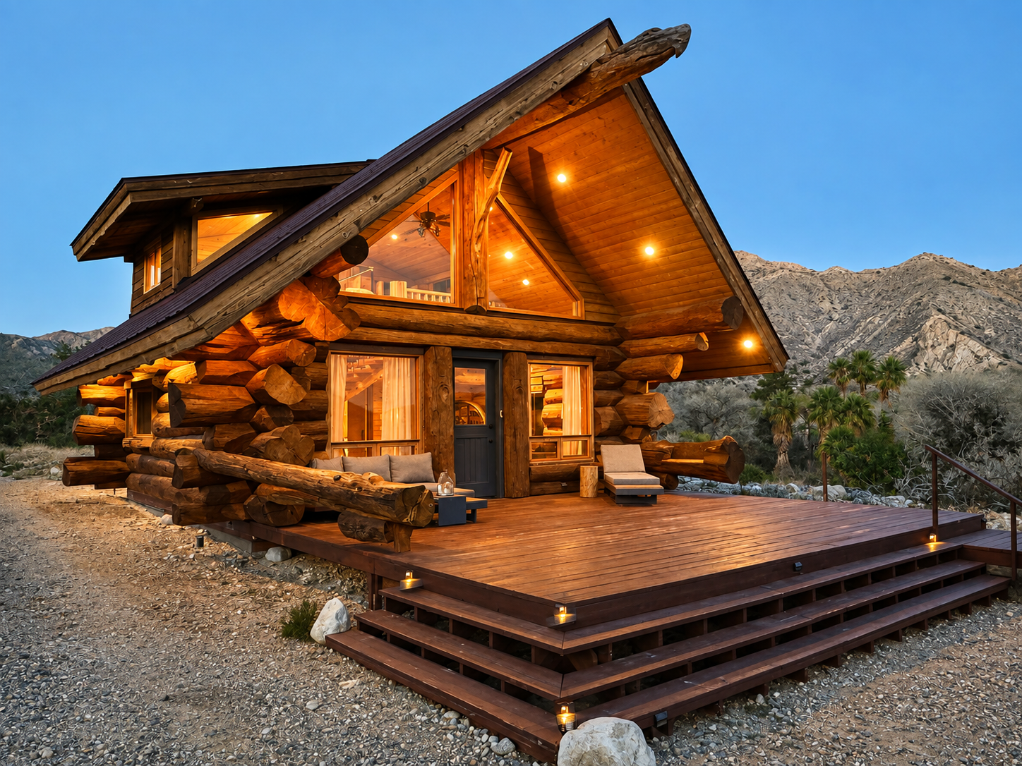 Hand-carved cedar log cabin exterior and wraparound deck at twilight
