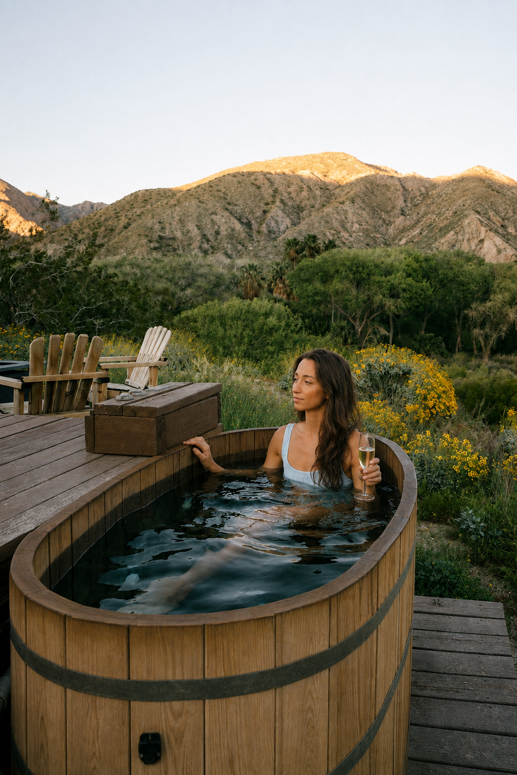 Two person cedar hot tub on the deck facing the San Gorgonio range