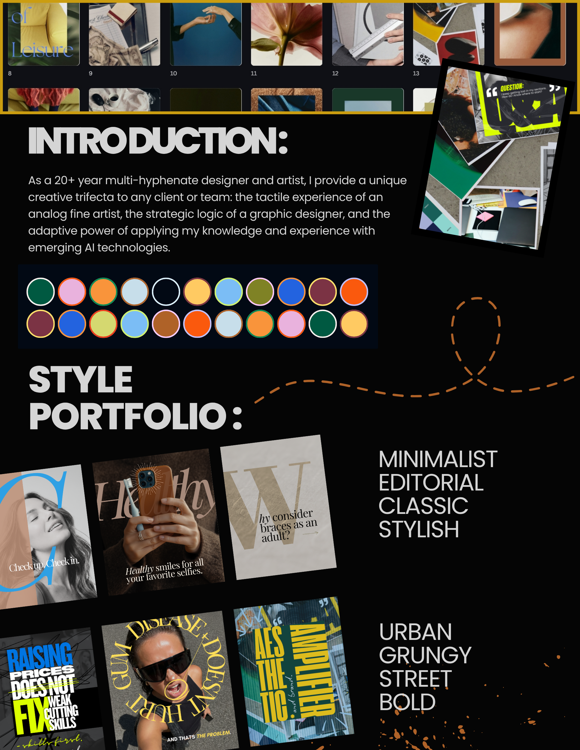 Close-up of a graphic design portfolio showcasing colorful palettes, minimalist editorial layouts, and street style magazine covers with bold typography and vibrant images.