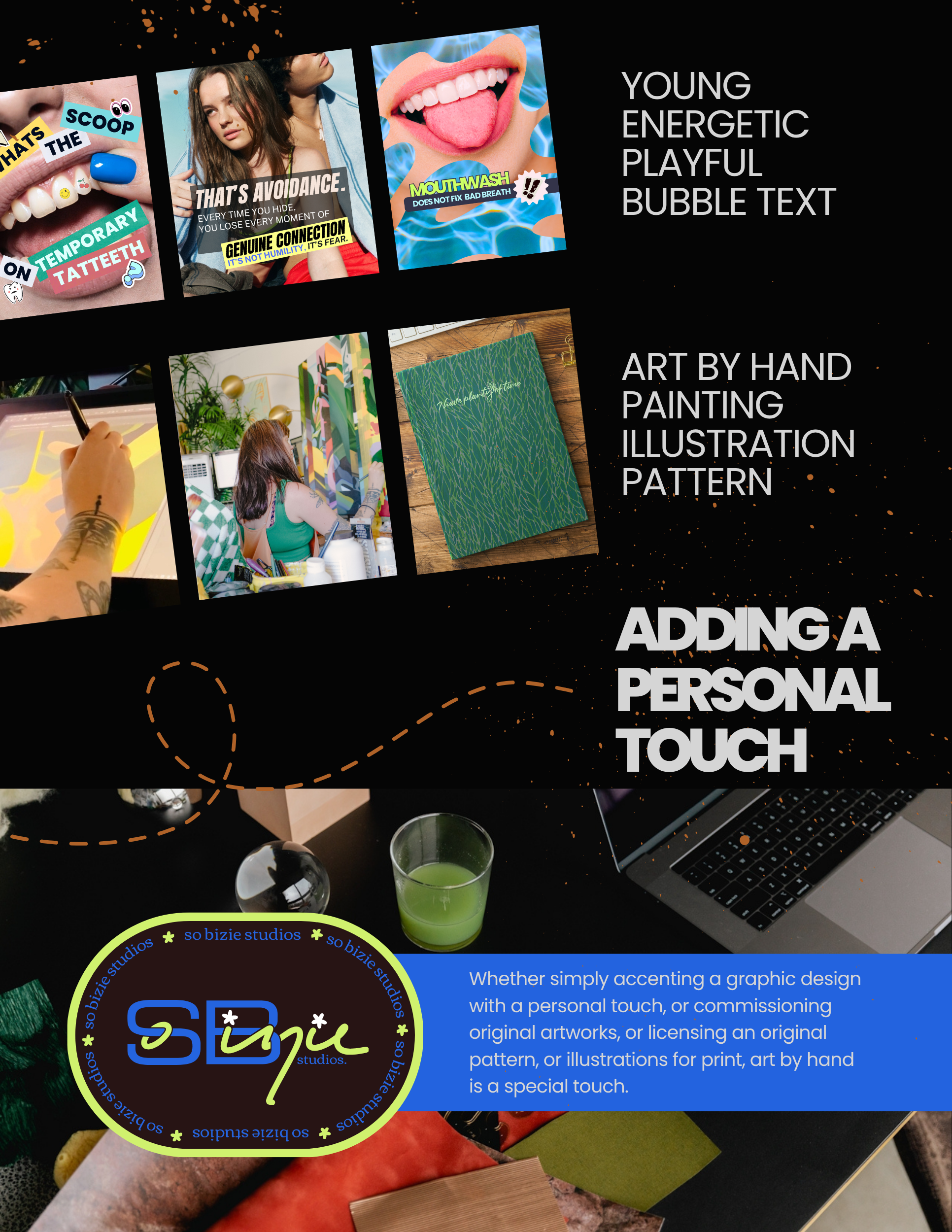 A collage showcasing creative art and design. It features images of bubble tea, a woman with tattoos creating digital art, a person painting on canvas, a handmade patterned book, and an art studio environment. Text overlays highlight themes of youthful, energetic, playful, and personal artistic expression, including hand-painted illustrations, patterns, and personalized touches. A logo for So Bizie Studios is visible, emphasizing original artwork and licensing for print.