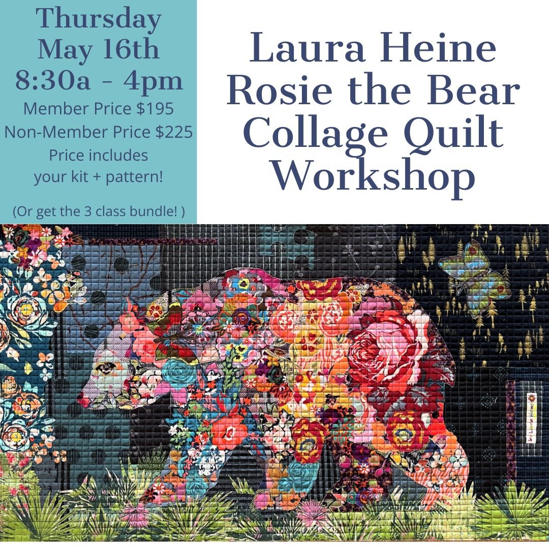 Laura Heine is coming to Casper.
We are so excited to get these workshops going and make some collage quilt magic! 

🐻Rosie the Bear Workshops - Thursday May 16th 8:30a-4p
https://tinyurl.com/RosieTheBear

🦩Teeny Tiny Flamingo - Friday May 17th 8:3