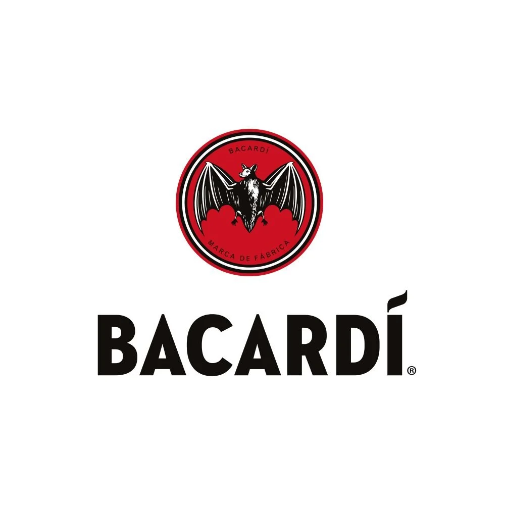 Bacardi logo featuring a bat emblem in a red circle, with "BACARDI" text below.