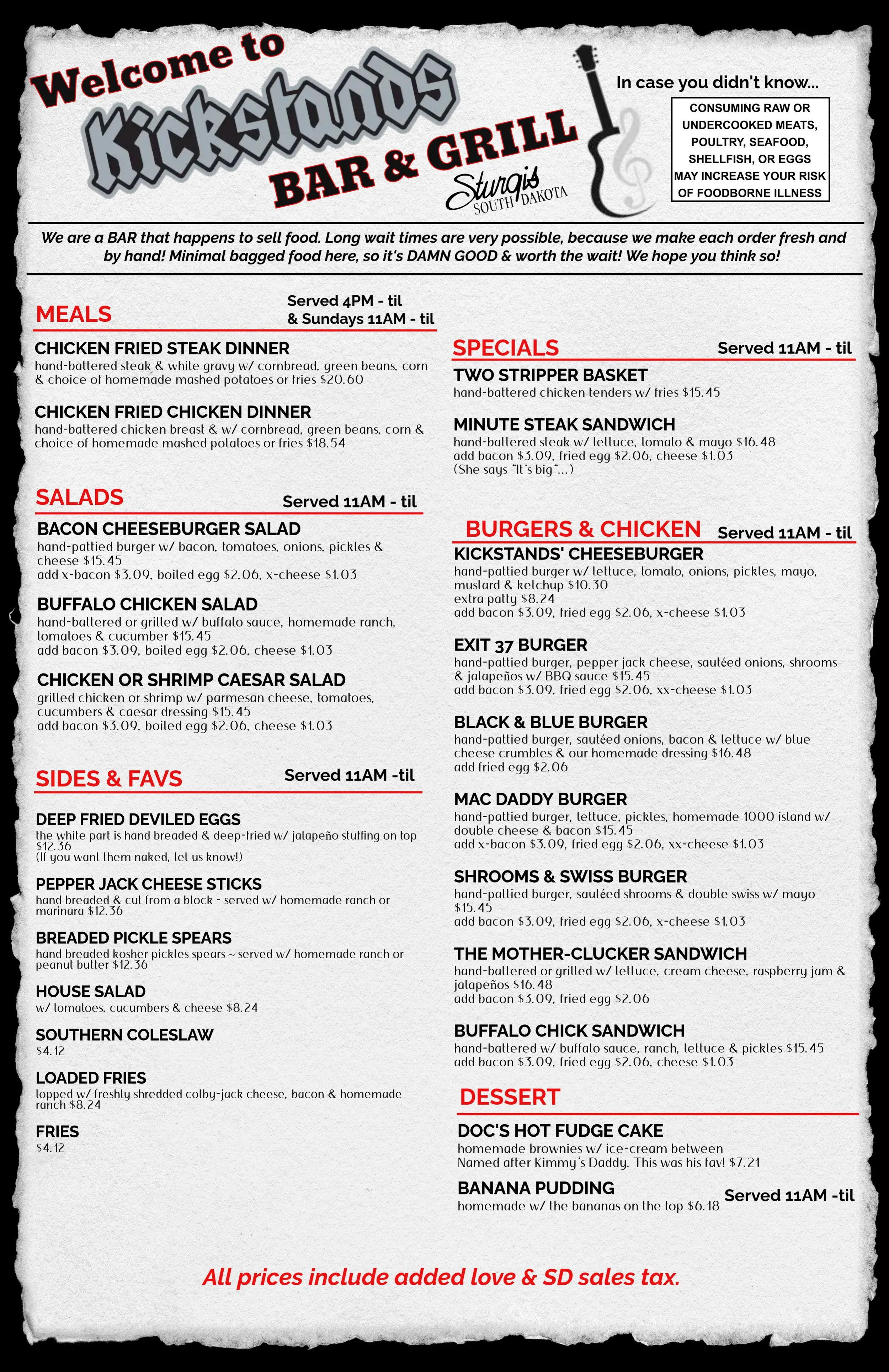 Kickstands Bar and Grill Food Menu
