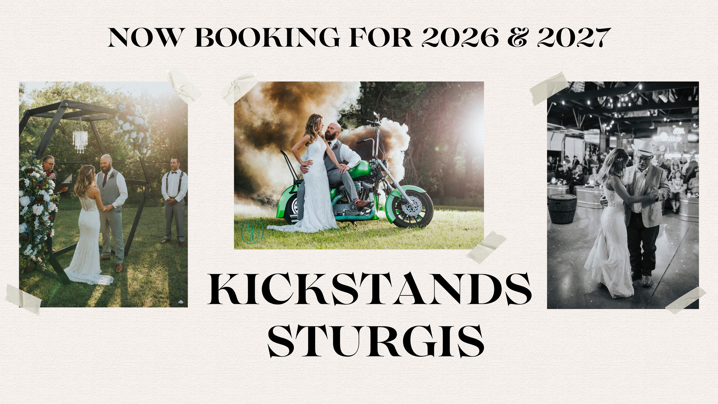 A wedding ceremony taking place outdoors with a officiant, a bride and a groom, and a groomsman. The bride is in a white dress, and the groom is in a vest and tie. There is a decorative arch made of wood with floral arrangements. The second image shows a bride and groom on a green motorcycle with smoke behind them, in a forest setting. The third image shows a couple dancing in a black and white indoor setting with a crowd in the background.