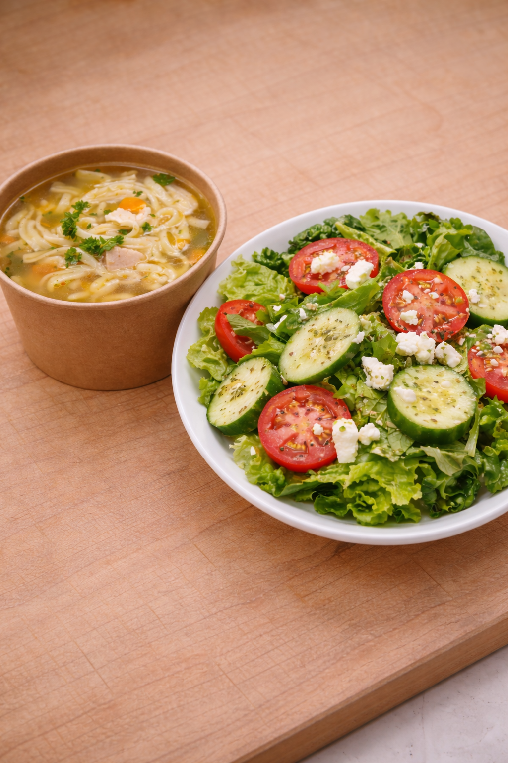 Chicken Noodle Soup  and Salad Greens w/ Roma Tomatoes, English Cukes, Feta Cheese & Oregano Vinaigrette (GF)