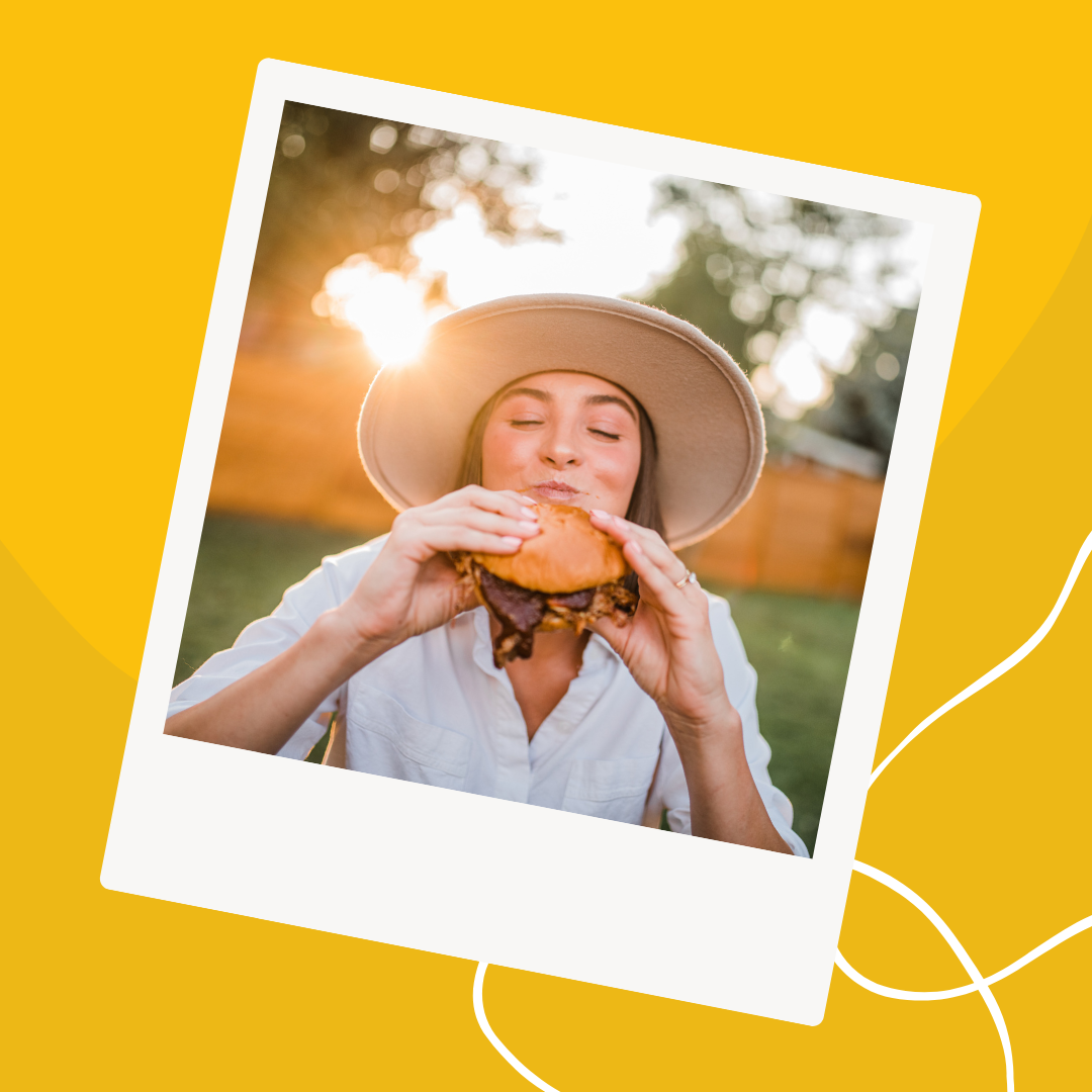 social media post with polaroid of girl eating a burger in portland