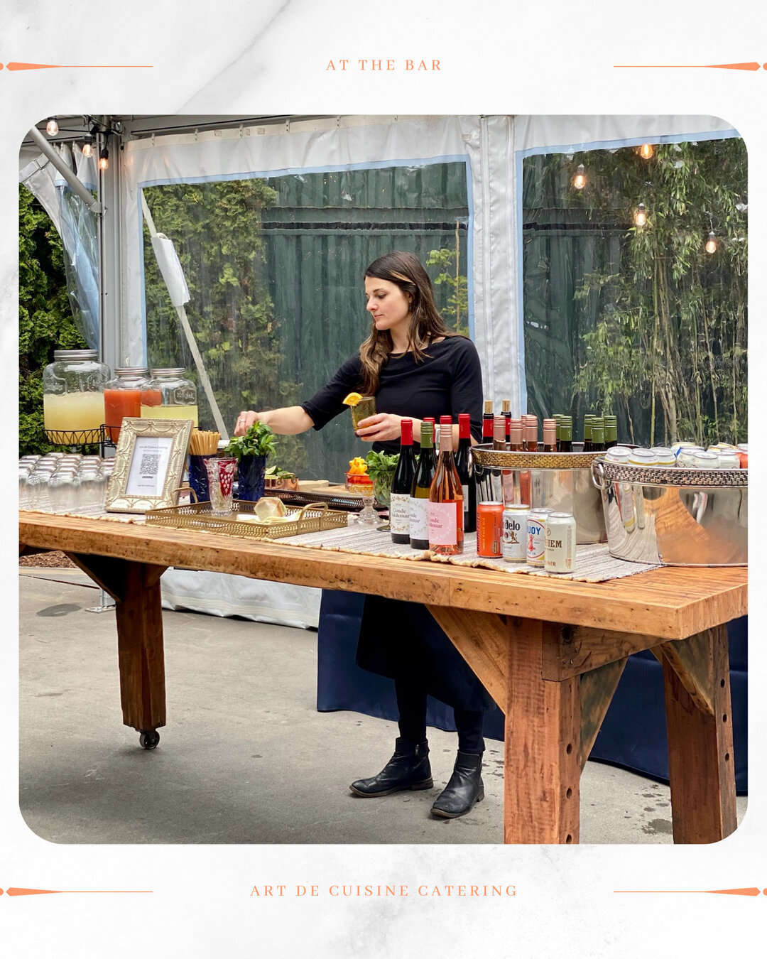 Our beloved Lauren serving up all the refreshing pours at a recent event! 🍻🍷🥃🍸🍹 ​​​​​​​​
​​​​​​​​
We offer beer, wine &amp; hand crafted cocktails made with botanicals from our very own edible garden! We also offer non-alcoholic beverages. You c