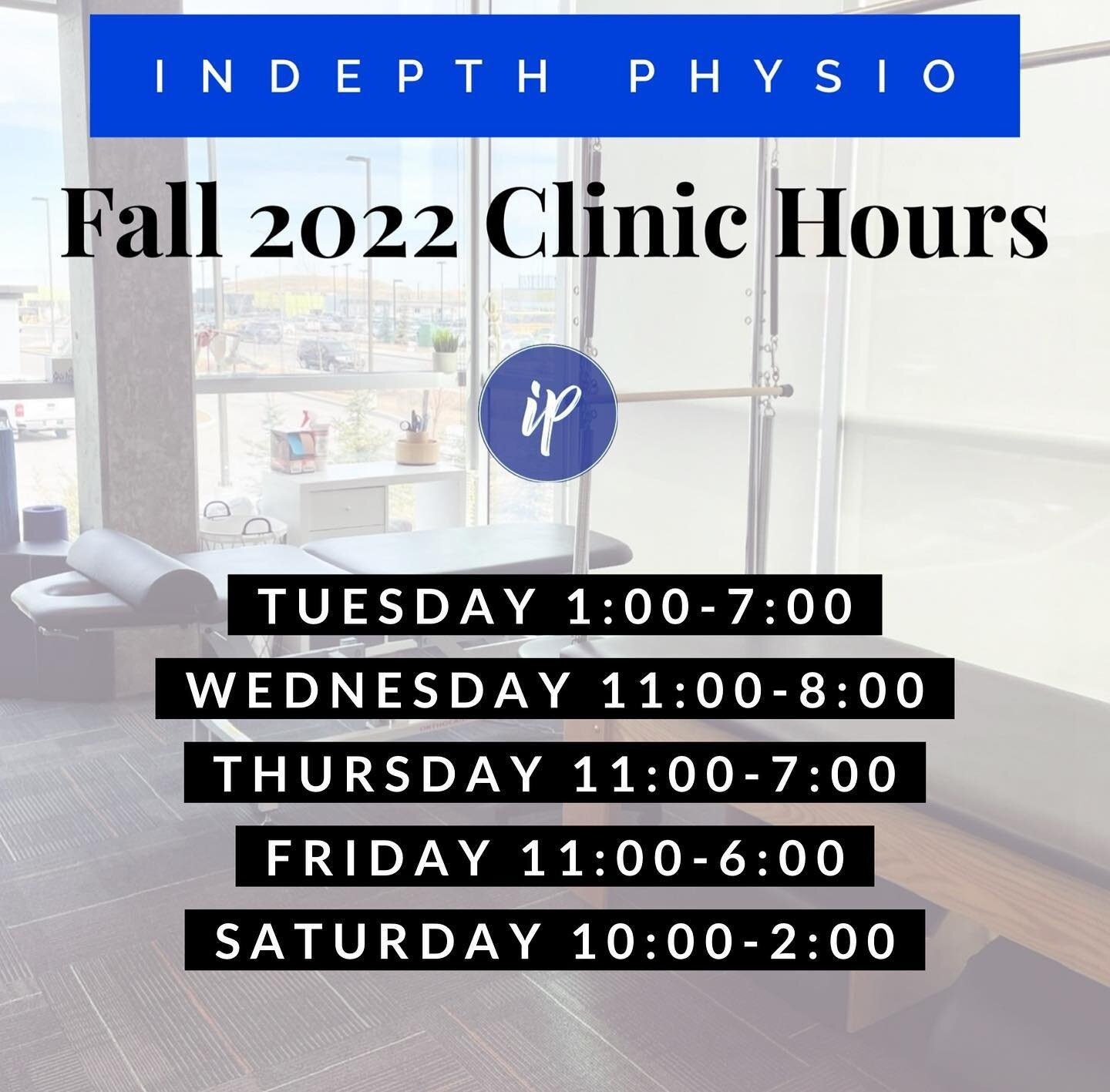 Indepth Physio Fall 2022 hours!

Fall is back in full swing, which means we are open later during the week, and open on Saturdays!

Please note that our clinic will be closed on Remembrance Day, and that our Winter Break will begin on Friday December