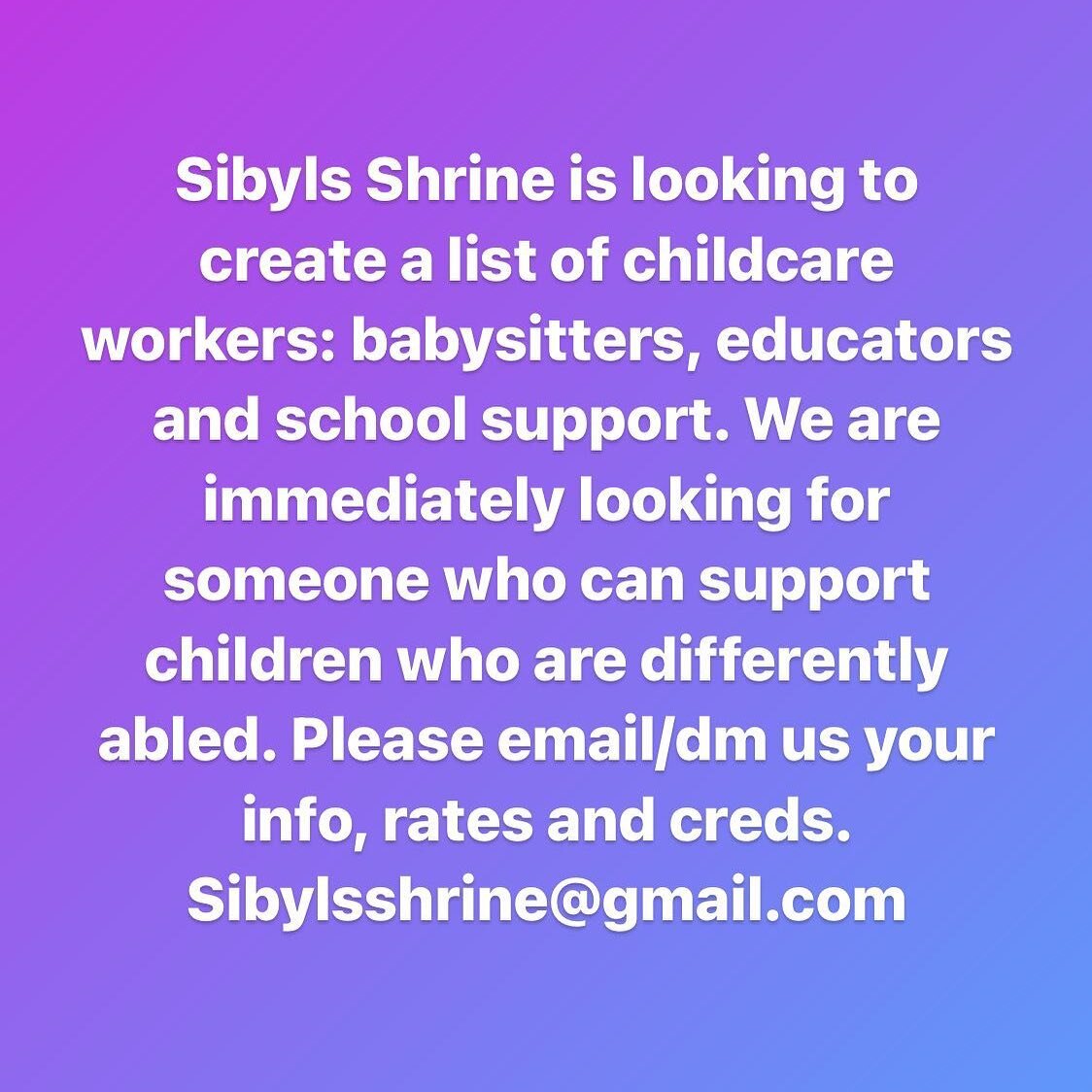 PITTSBURGH! Sibyls Shrine is looking to create a list of childcare workers: sitters, tutors, educators, arts educators, school support in the Pittsburgh area. Please DM or email us sibylsshrine@gmail.com with your info, rates and credentials. Thank y