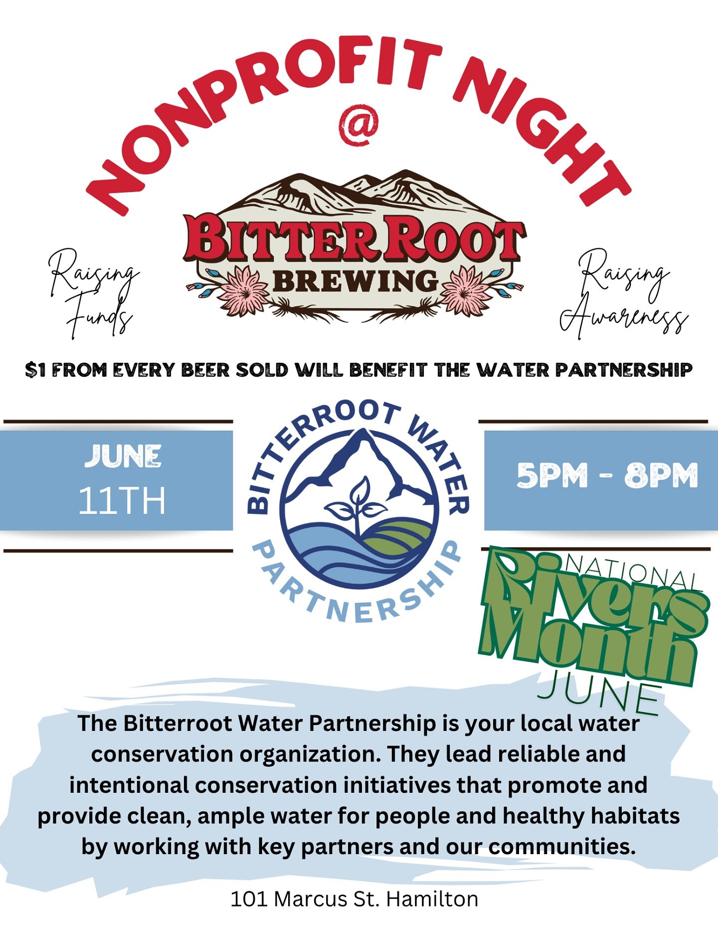 Please join us tomorrow in support of our friends at the @bitterrootwater partnership. A dollar from every beer sold goes to support their efforts to protect our water and ecosystems. 
.
.
.
#nonprofitorganization #pintnight #waterislife #supportloca