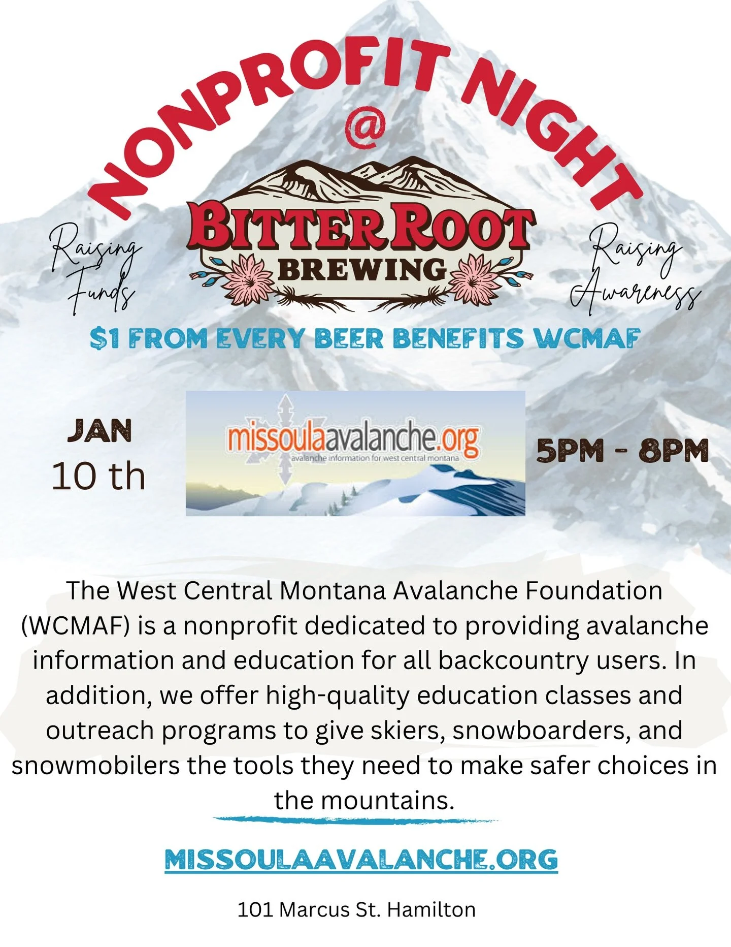 Heading into the backcountry this season? Make avalanche safety part of your plan.
Join us for Avalanche Safety and Non Profit Night with the Western Central Montana Avalanche Foundation and learn from experienced professionals about terrain, snowpac