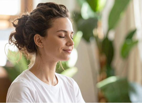 A woman with brown hair tied back, wearing a white shirt, sitting in a bright room with green plants in the background.