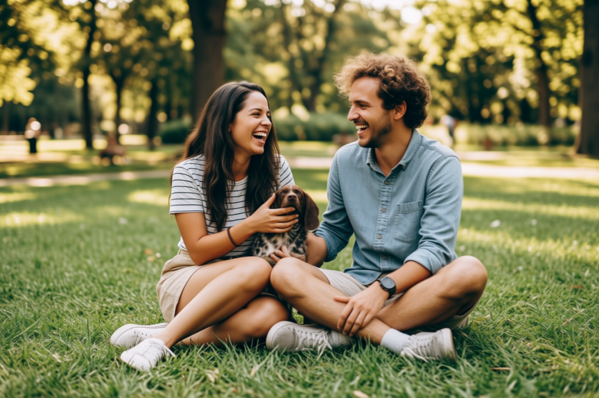 Happy couple with a dog in their lap feeling free from rumination and OCD San Diego