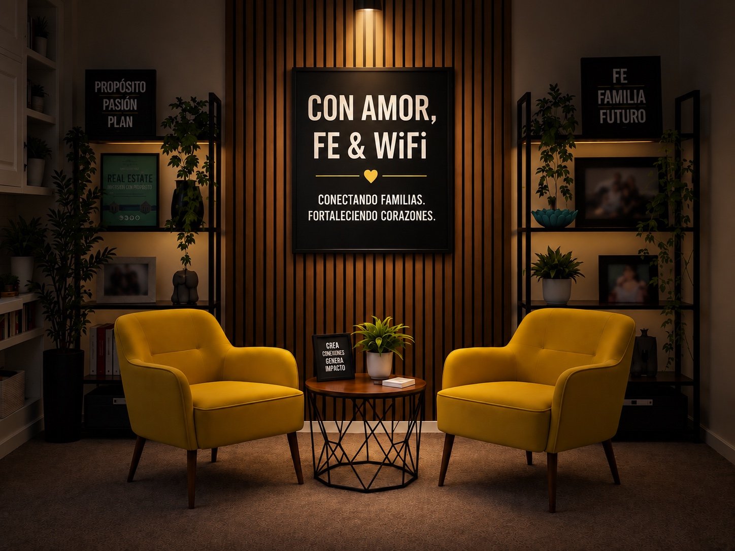 Con amor, fe, and Wi‑Fi: estudio cálido con sillones dorados y el mensaje Conectando familias. Fortaleciendo corazones.