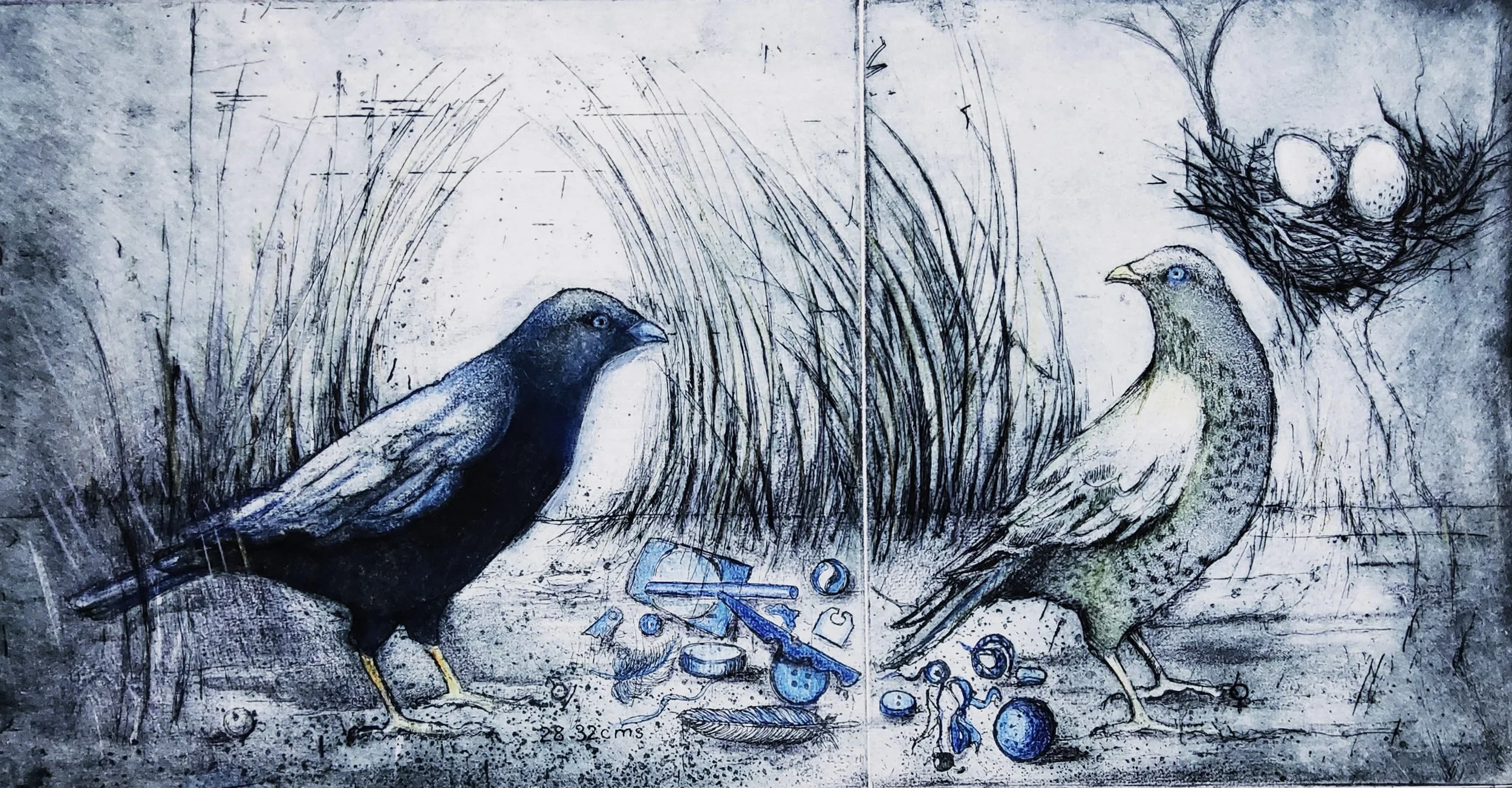 6. He and She BowerBird Pair (Diptych) | 400mm x 700mm