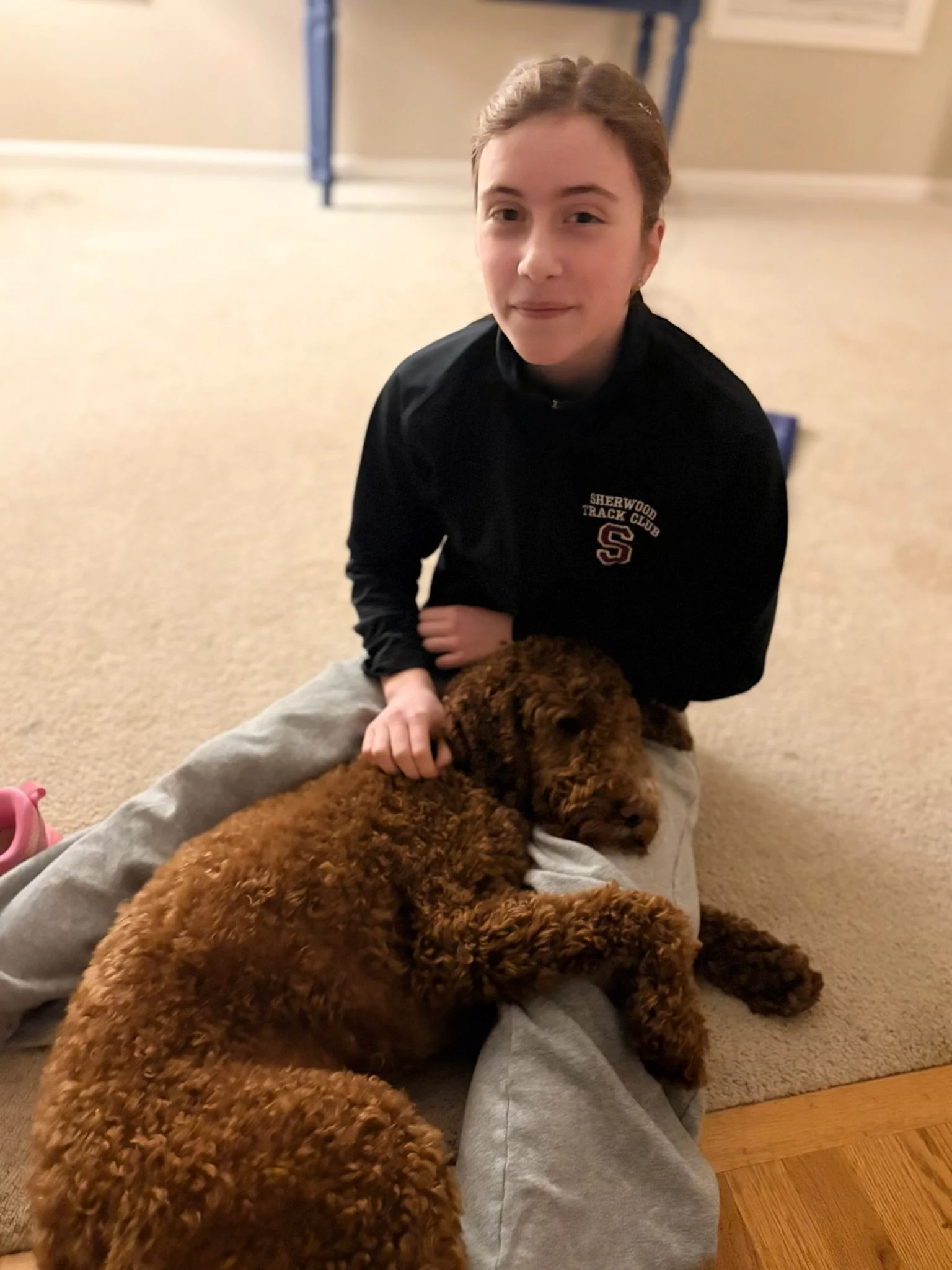 A young person with short hair sits on the carpeted floor, wearing a black sweatshirt with a red and white logo that says 'Sherwood Track Club'. They are holding a large brown curly-haired dog, possibly a poodle or poodle mix, as the dog lies on the 