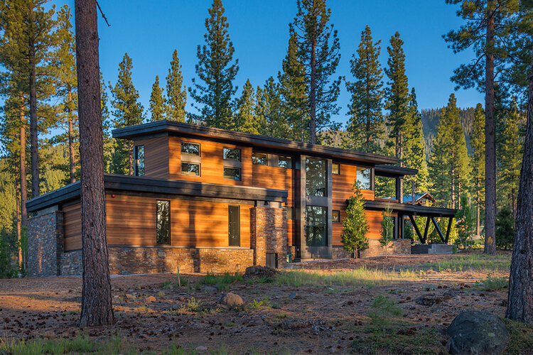 A beautiful modern home surrounded by tall pine trees
