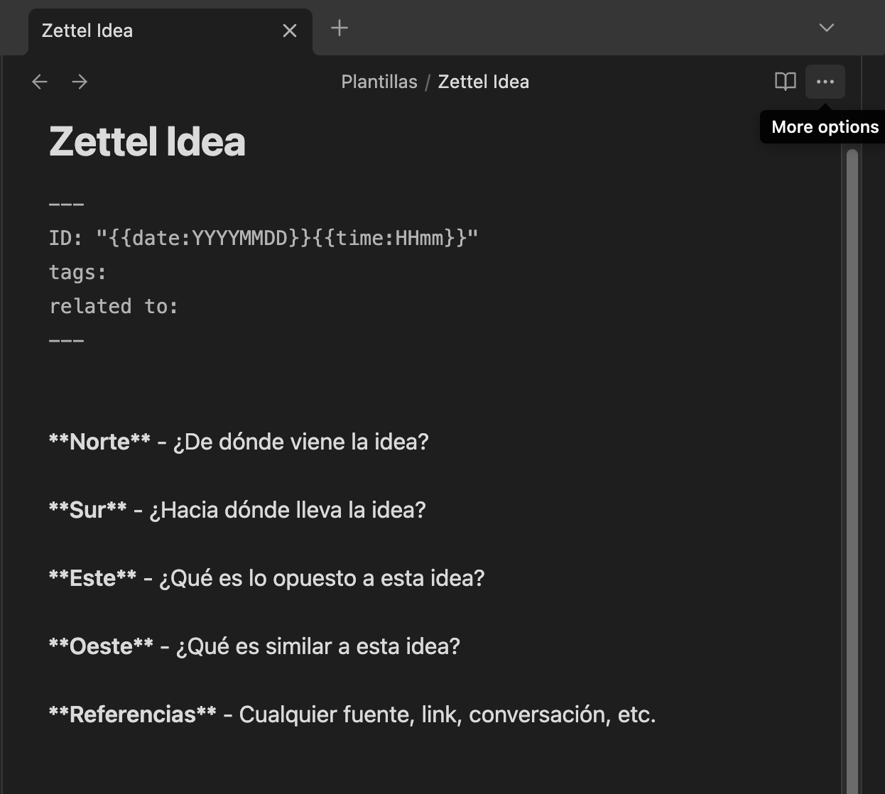 Acceder al menú de opciones de una nota en Obsidian