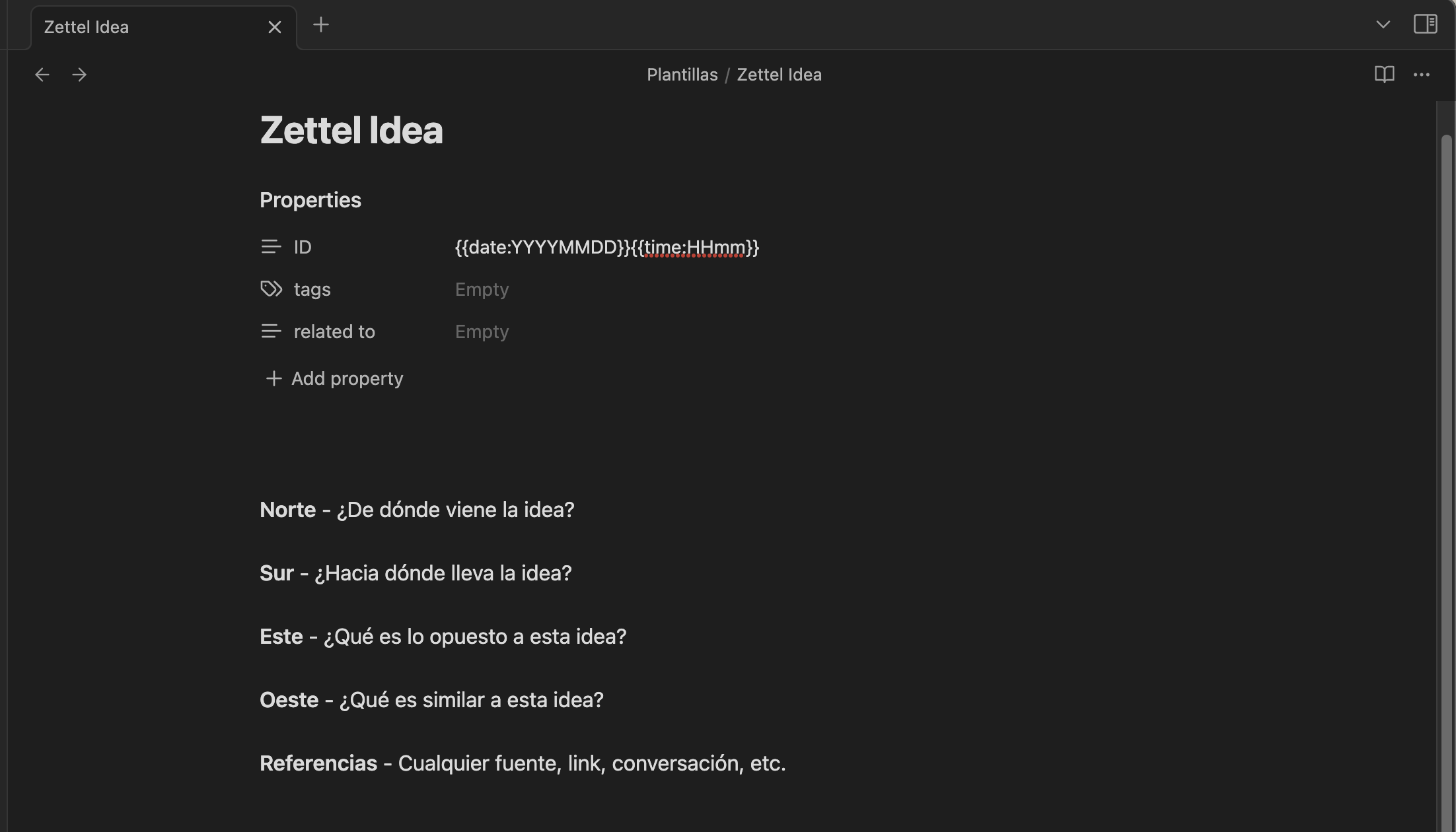 Resultado final de plantilla de Zettelkasten en Obsidian