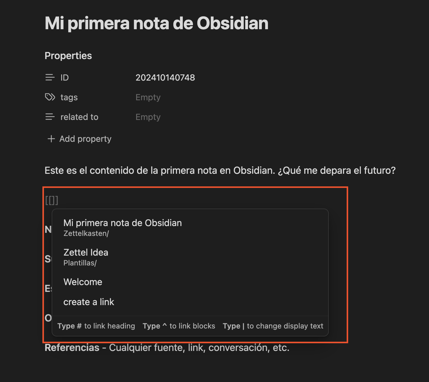 Obsidian sugiere las notas cuando abres doble corchete en una nota