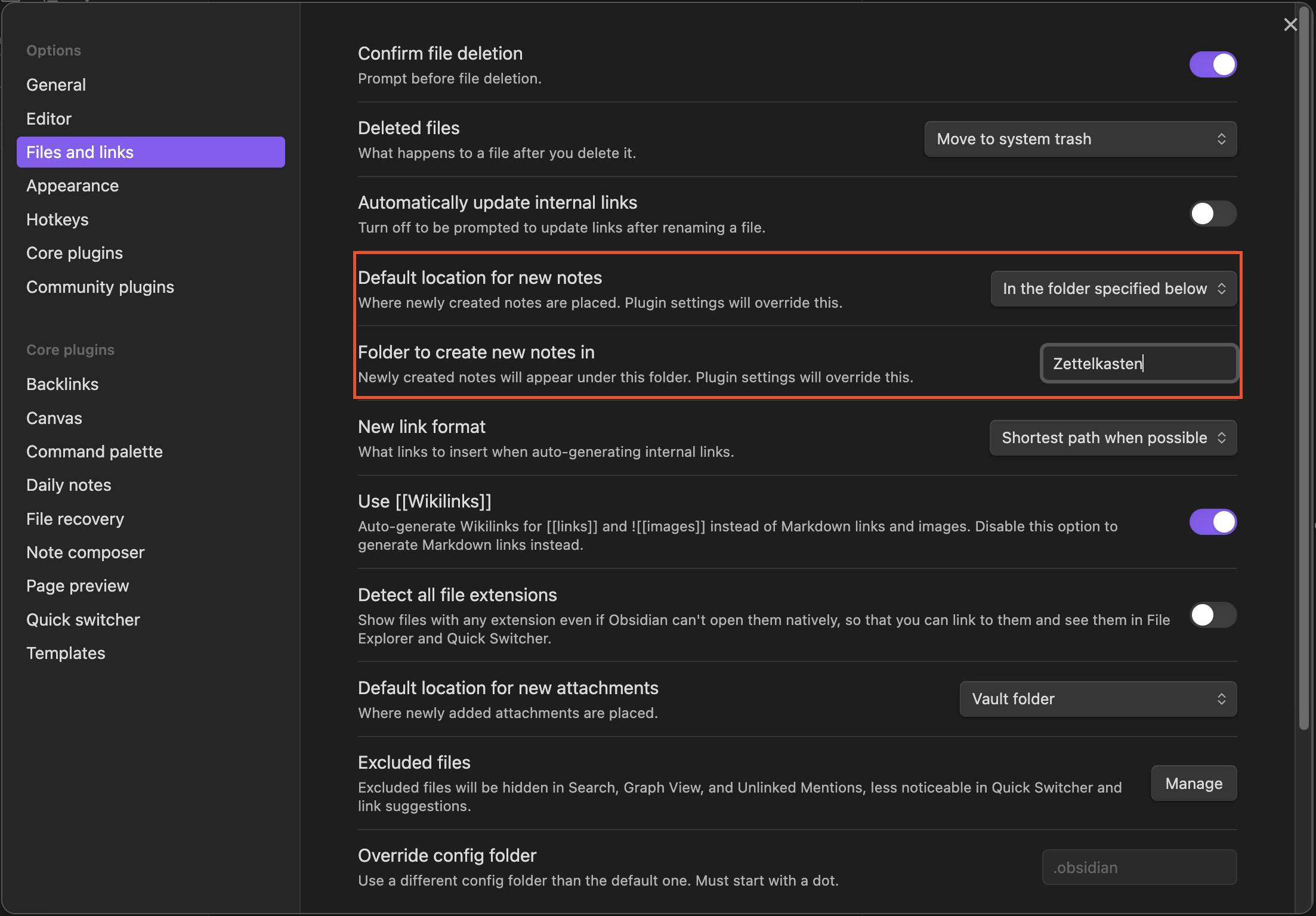Configuración de Obsidian para ubicación de nuevas notas