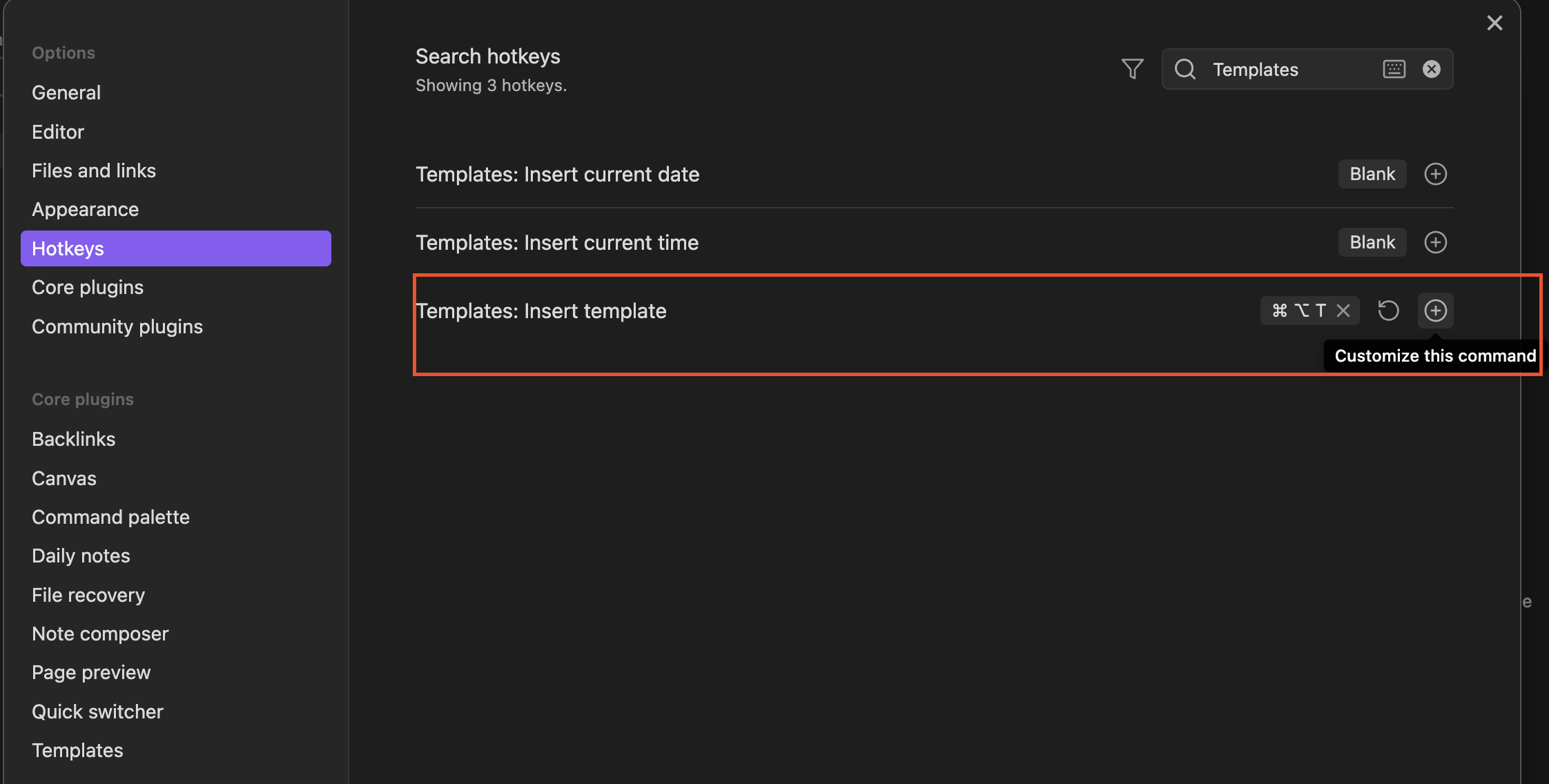 Agregar atajo para insertar plantilla en Obsidian