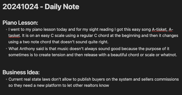 Ejemplo de nota diaria en sistema de toma de notas